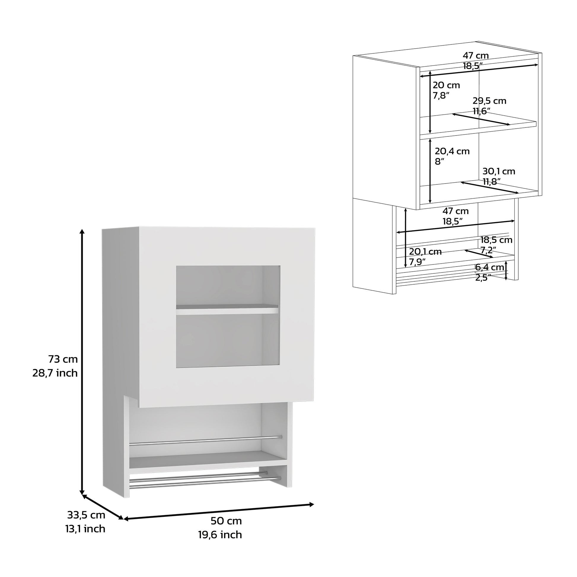 White kitchen wall cabinet with glass door and two open shelves below