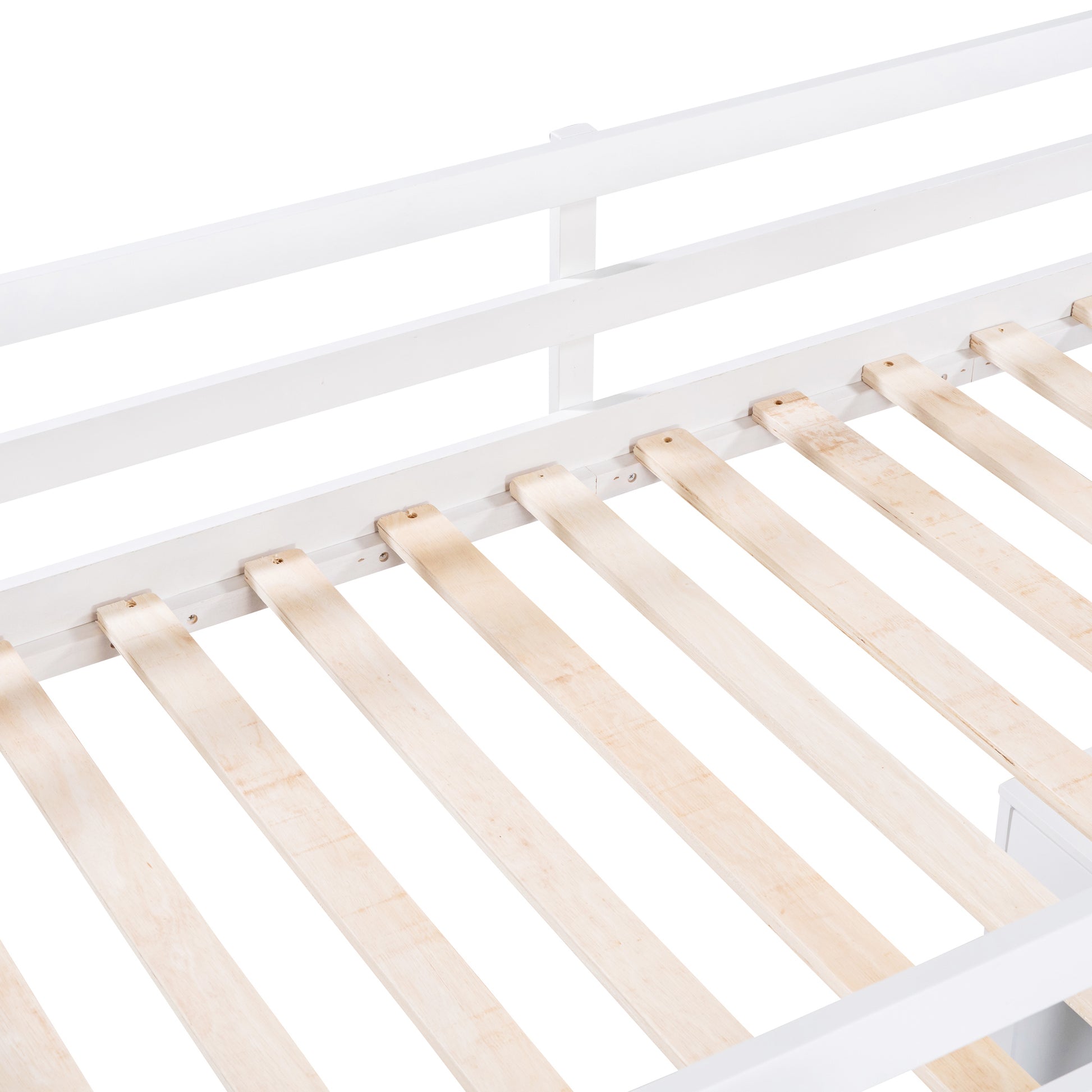 White wooden bed frame with slatted base support