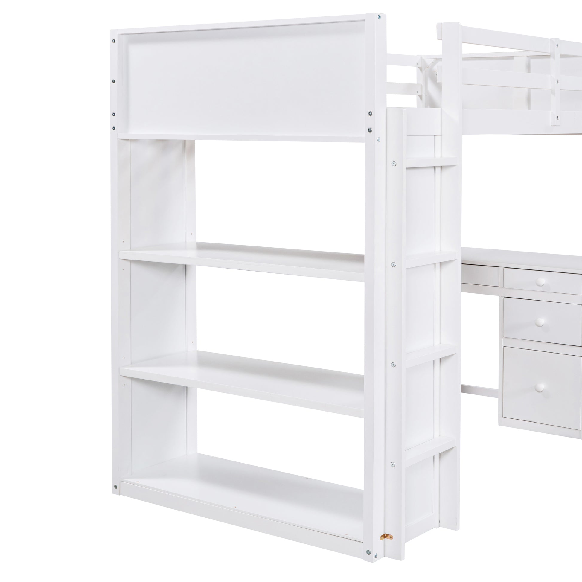 White loft bed with integrated bookshelf and desk
