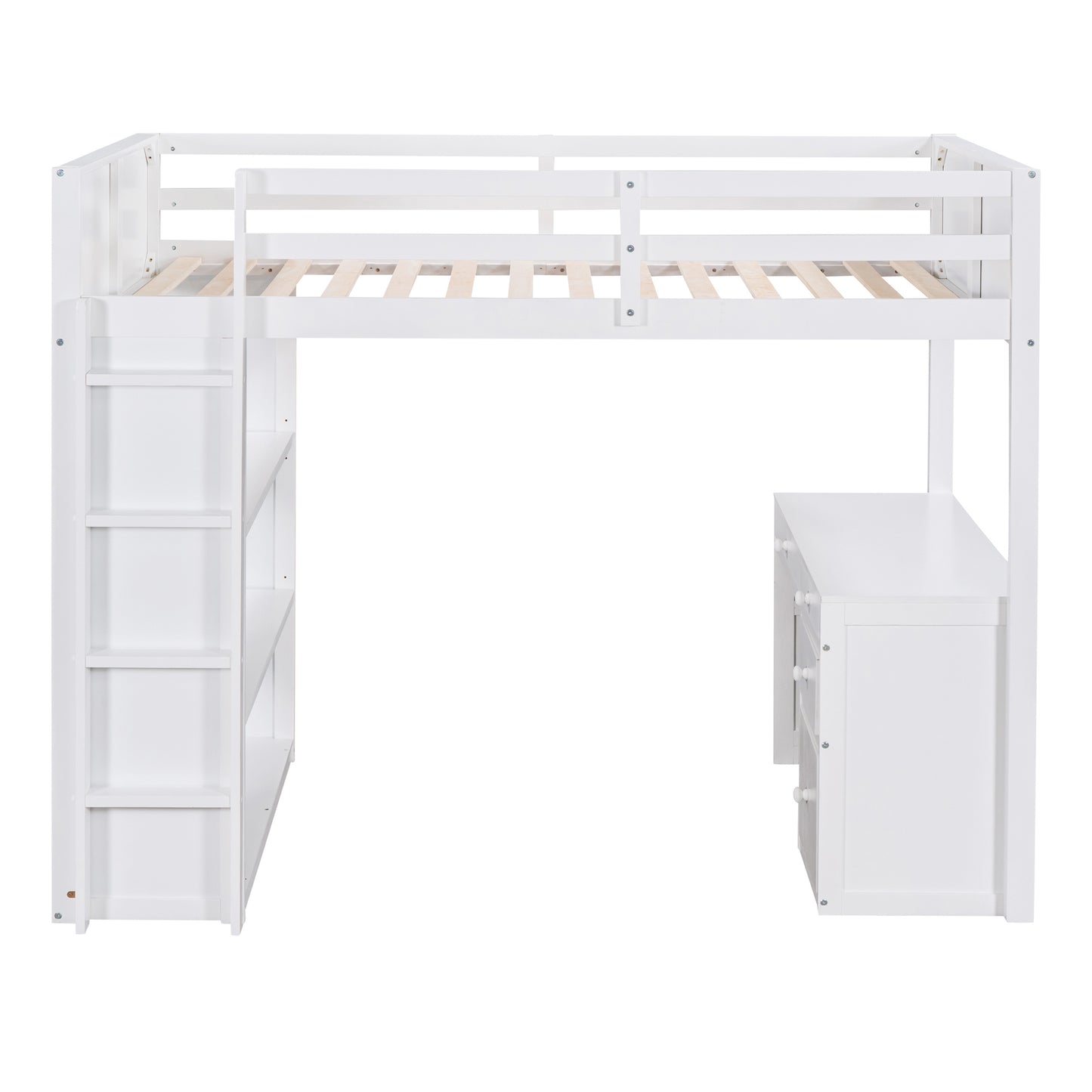 White wooden loft bed with desk and shelves