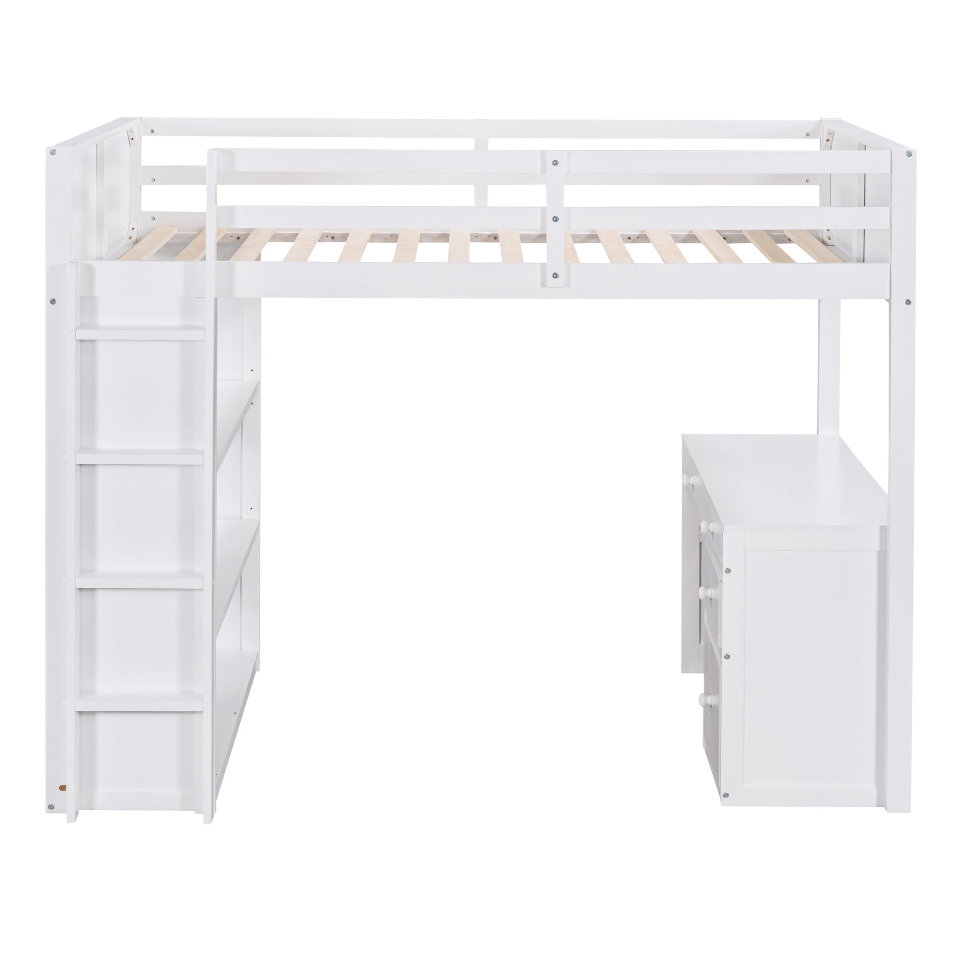 White wooden loft bed with desk and shelves
