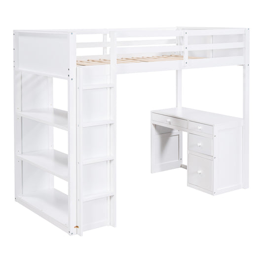 White wooden loft bed with integrated desk and shelving unit