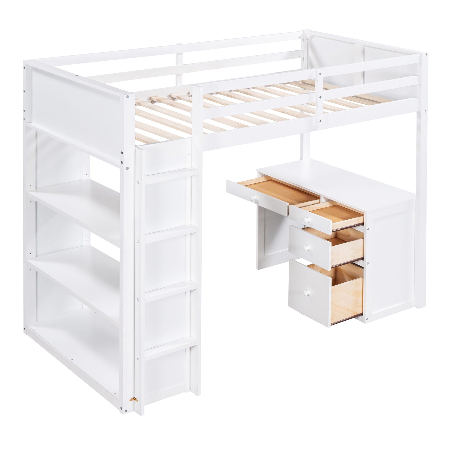 White loft bed with integrated desk and shelving