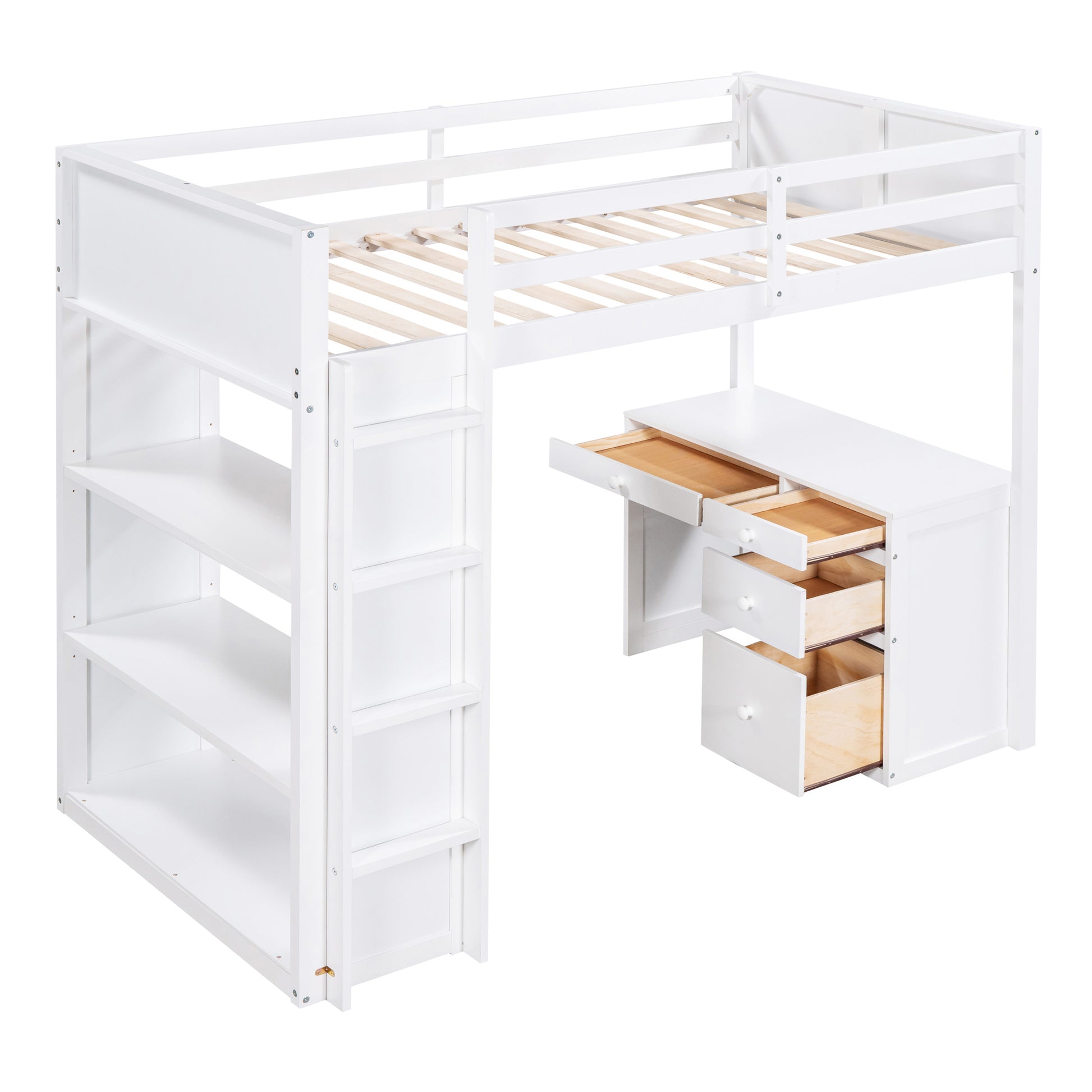White loft bed with integrated desk and shelving