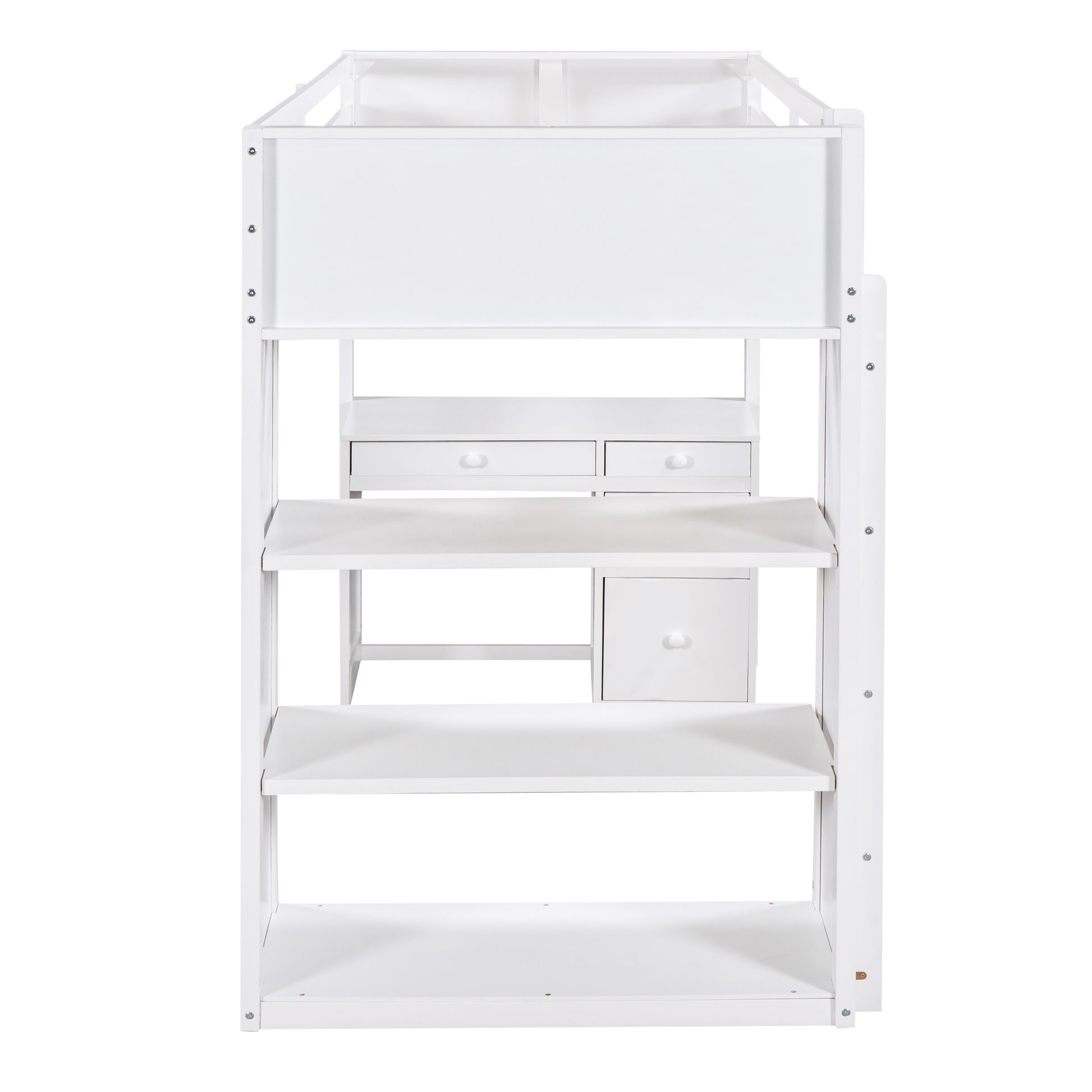 White loft bed with integrated desk and shelves