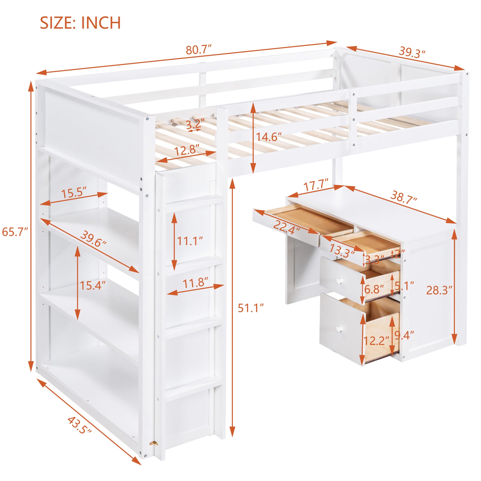 White loft bed with integrated desk and bookshelf