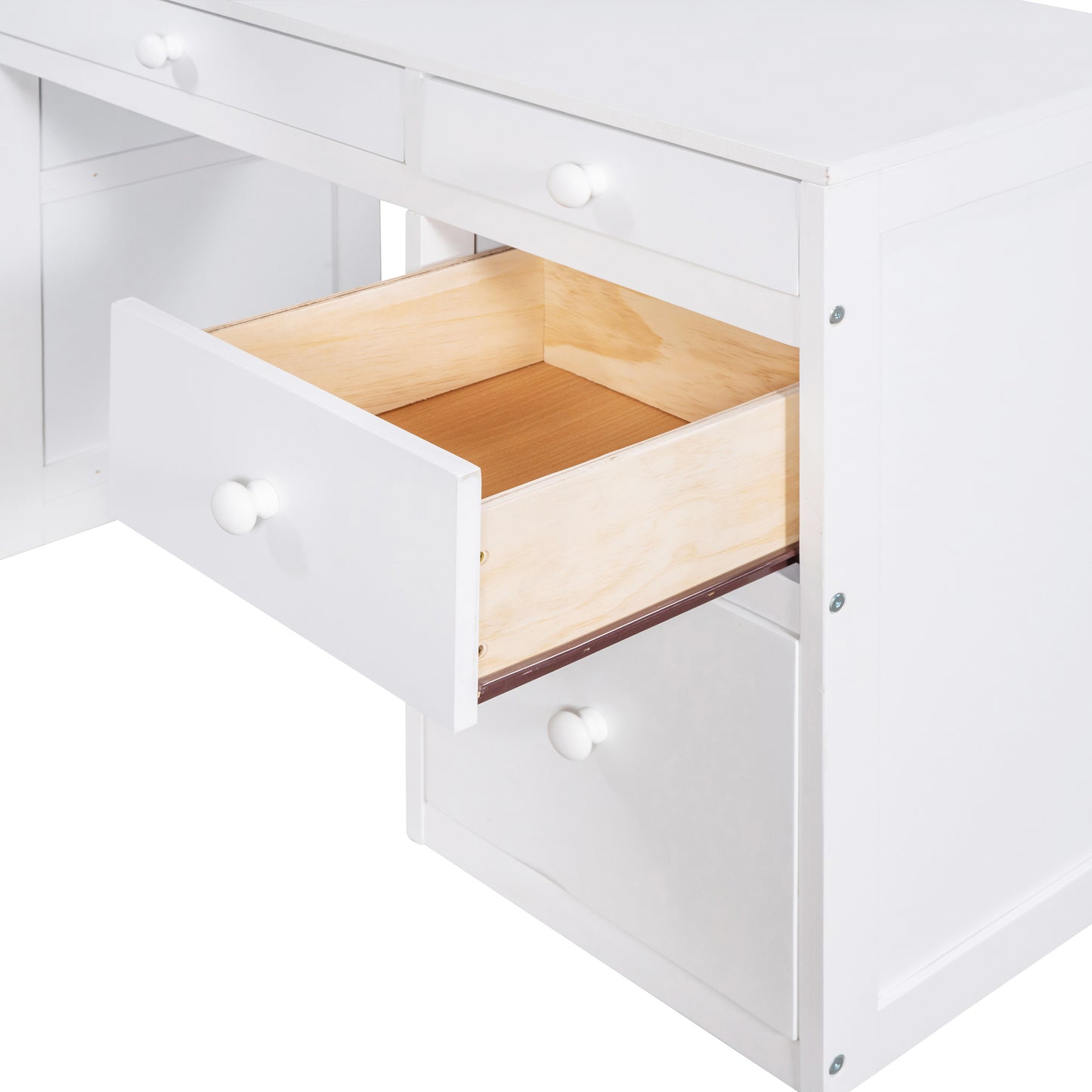 White wooden desk with an open drawer revealing its pine interior