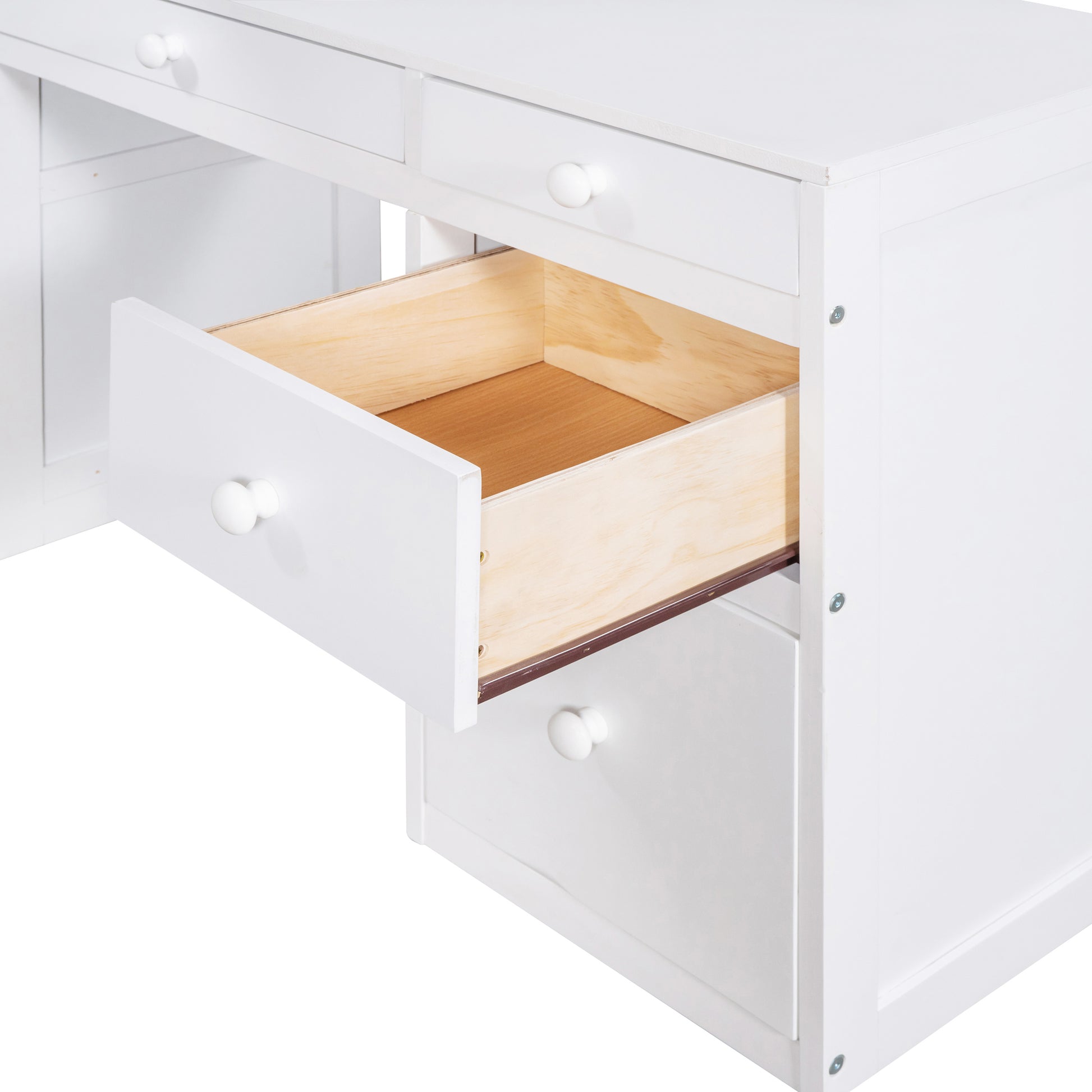 White wooden desk with an open drawer revealing its pine interior