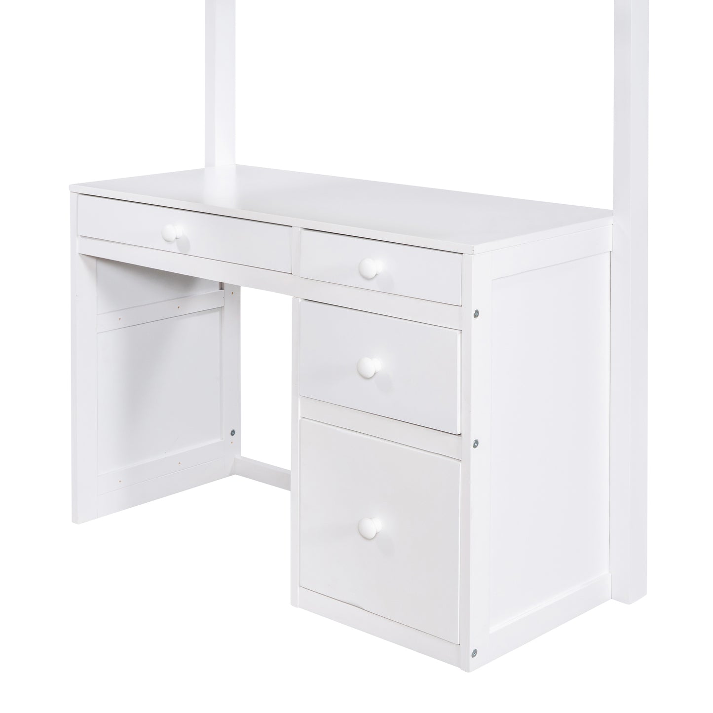 White wooden desk with two drawers on top and three drawers on the side