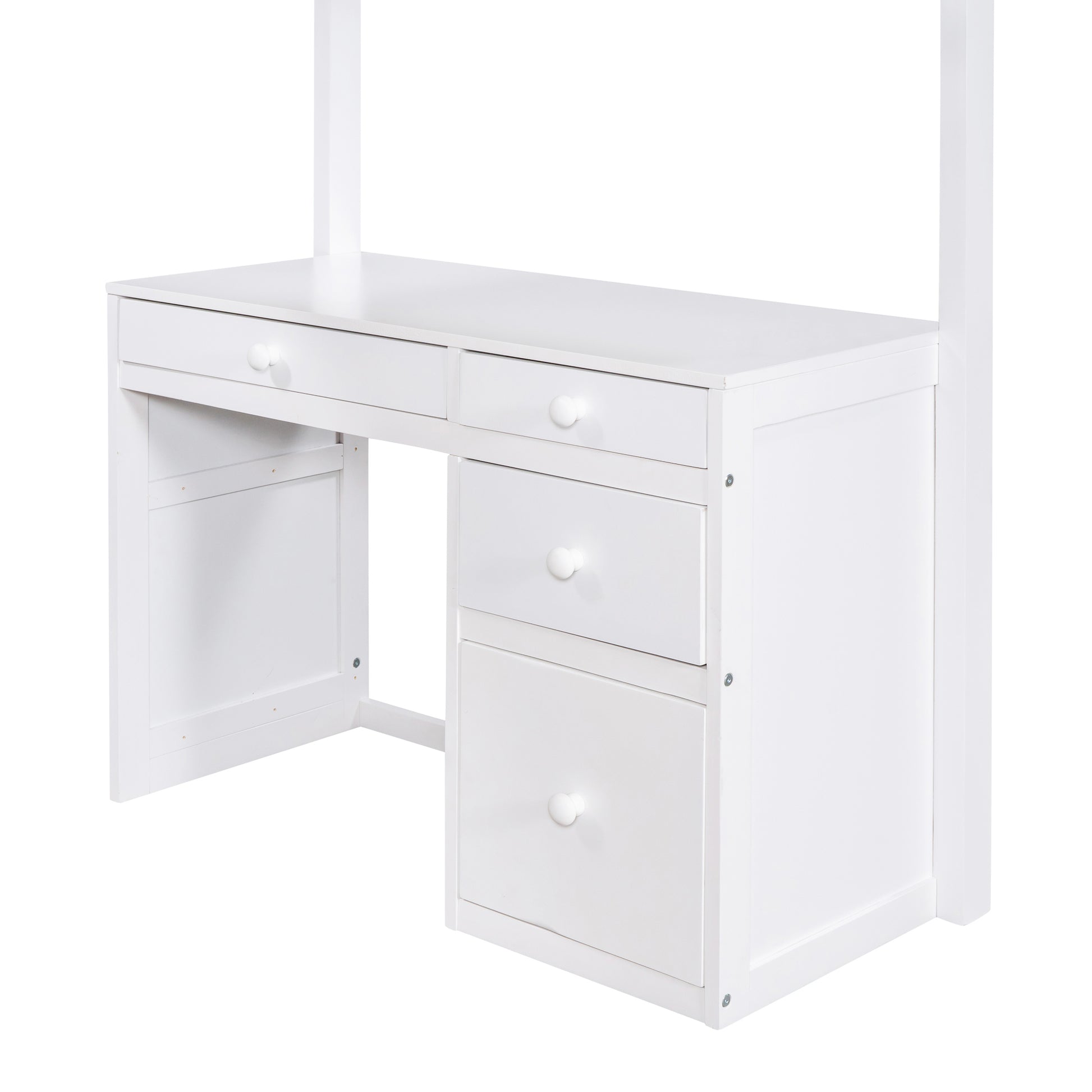 White wooden desk with two drawers on top and three drawers on the side