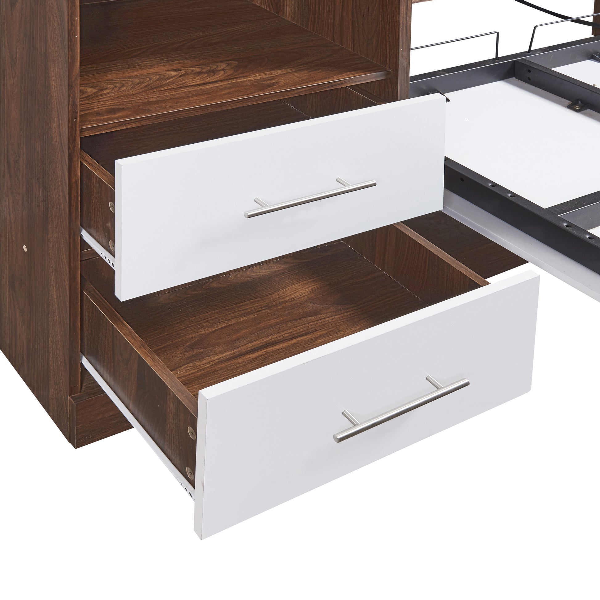 Closeup of two open white drawers with silver pulls on a dark wood dresser