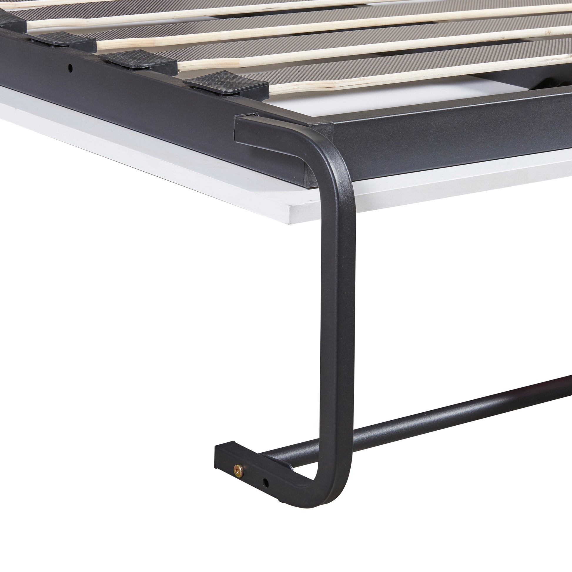 Black metal bed frame with wooden slats for mattress support