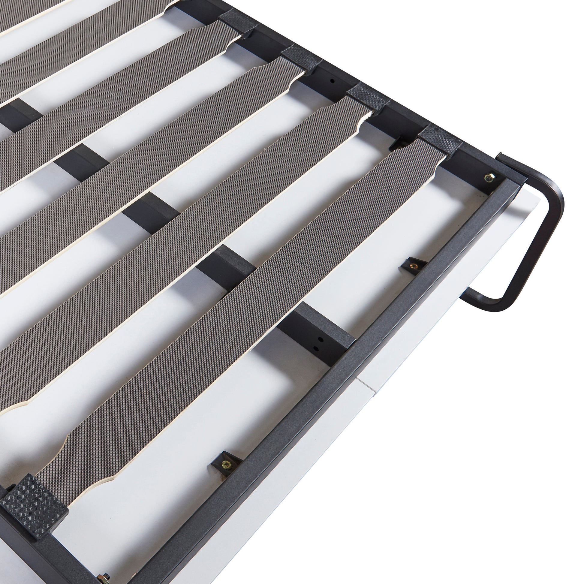 Metal bed frame with grey antislip slats for mattress support