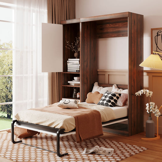 Dark wood murphy bed with open shelves and a queen bed partially deployed