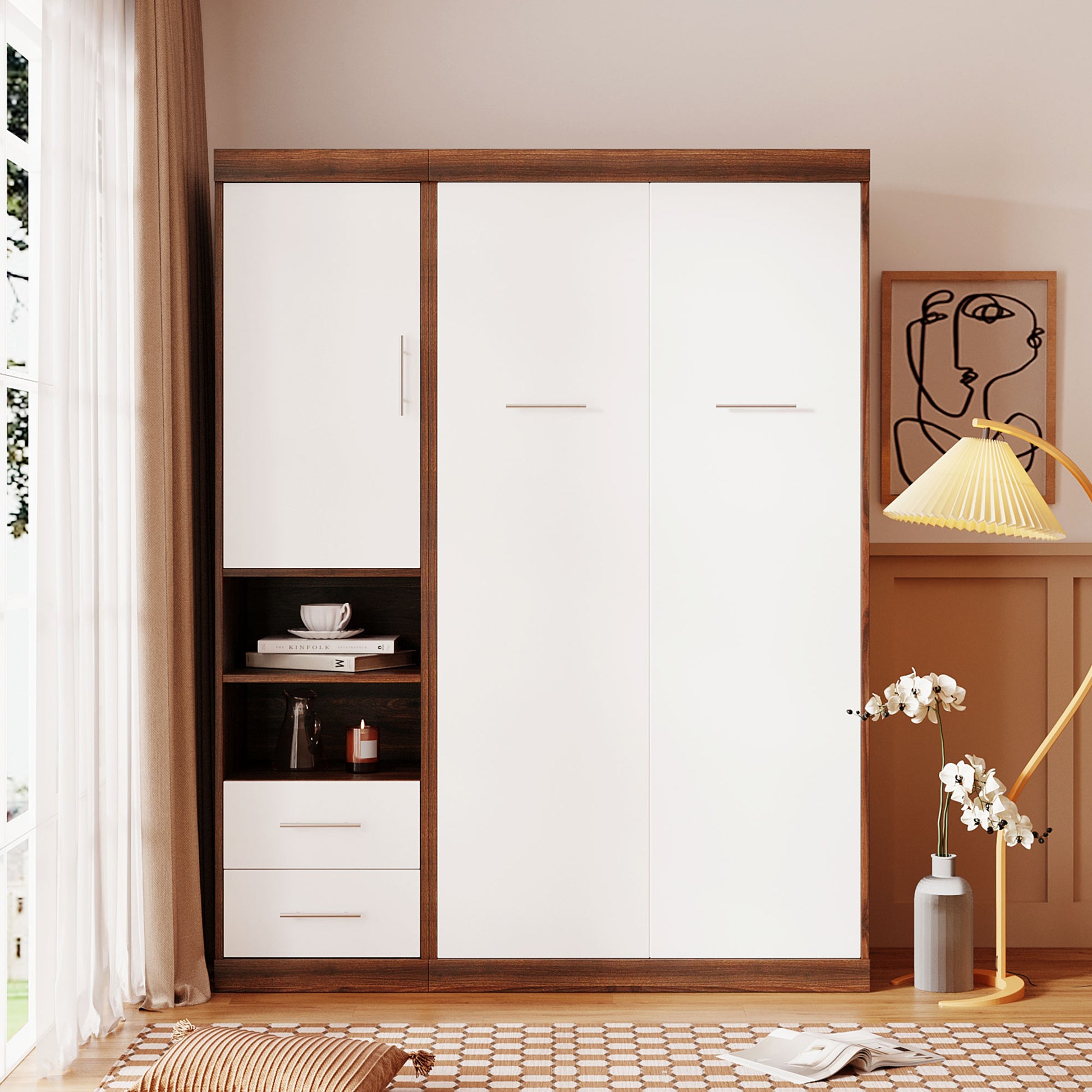 Modern white Murphy bed with dark wood trim and builtin shelving