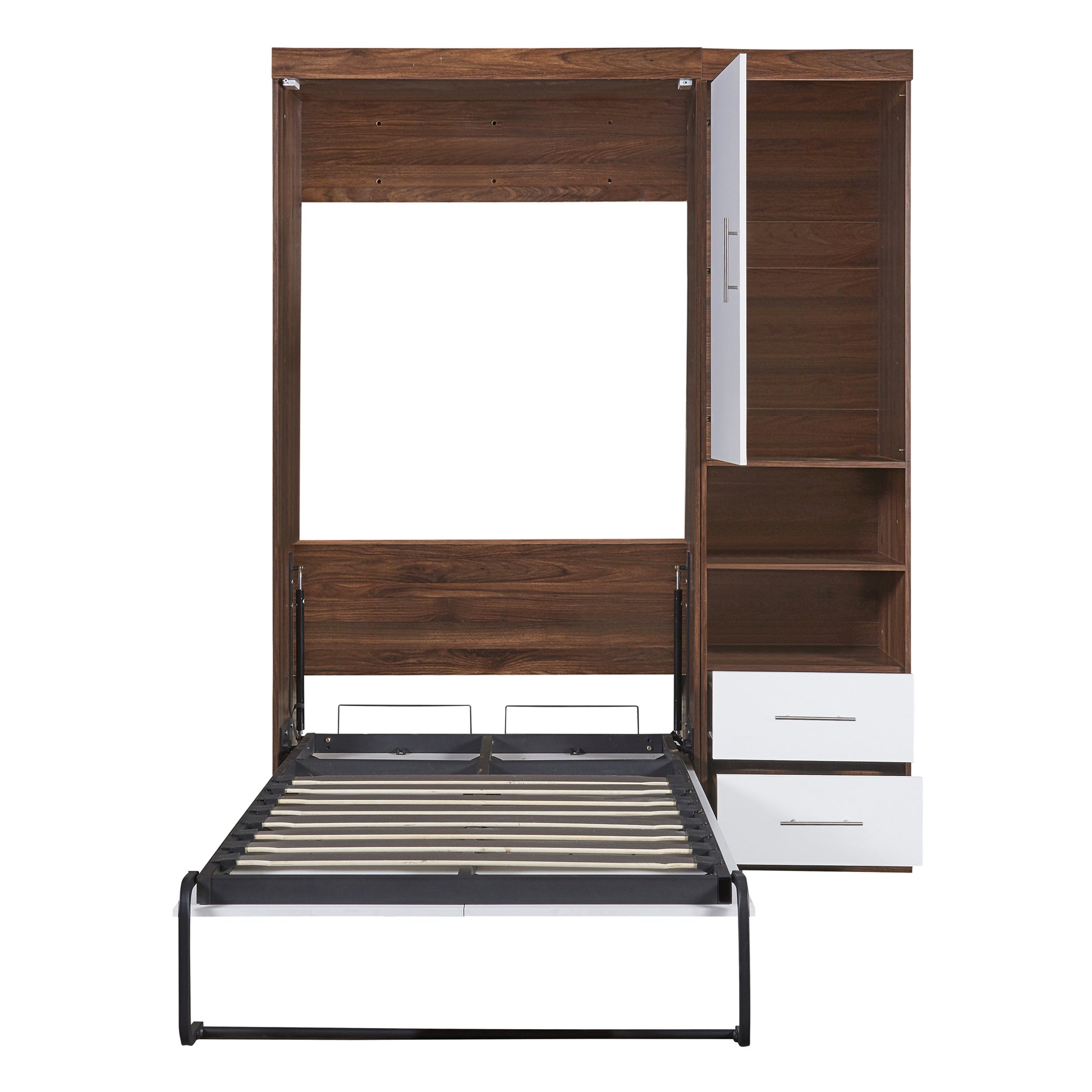 Dark wood murphy bed with open cabinet doors and exposed mattress support