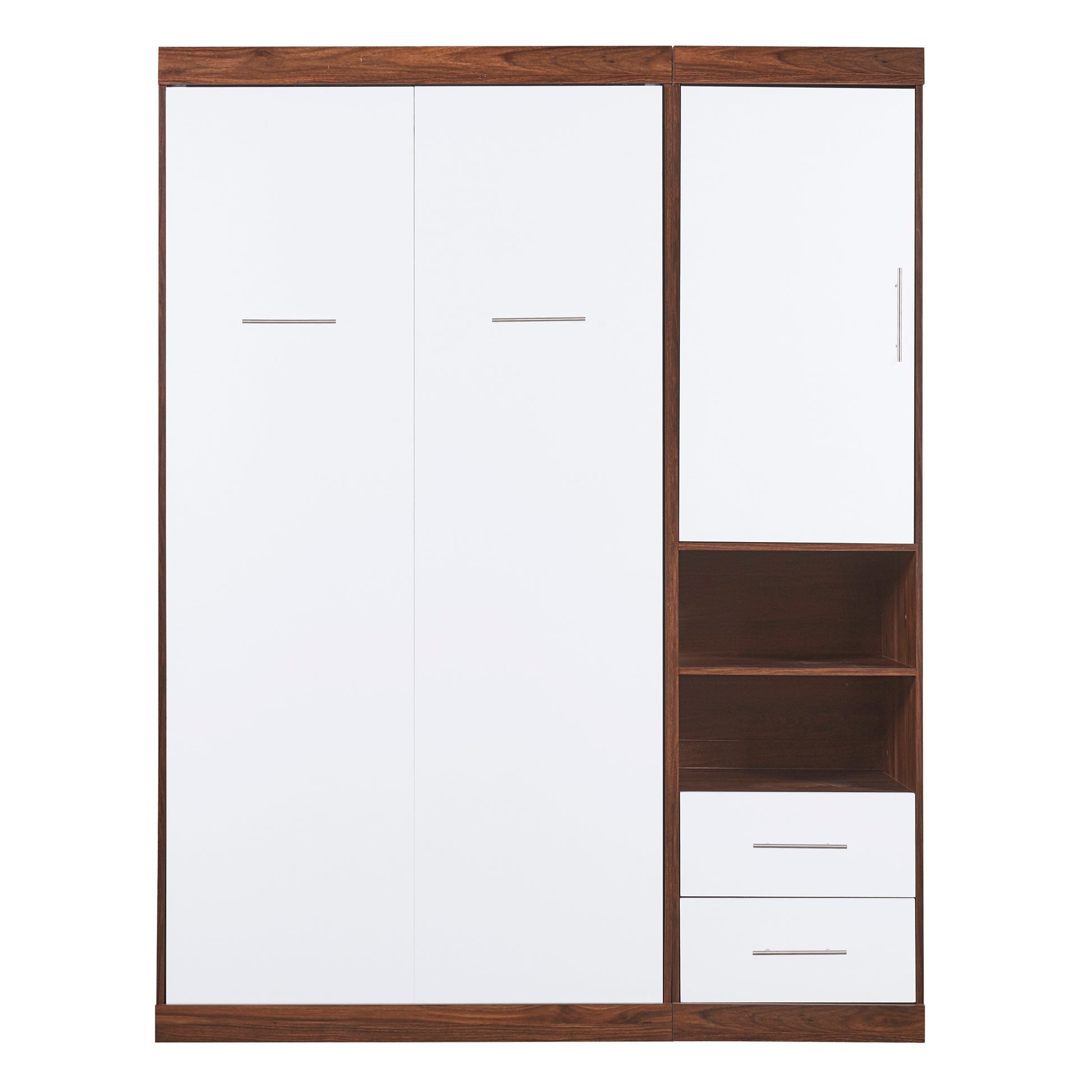 White and wood modern wall bed with dual cabinet doors
