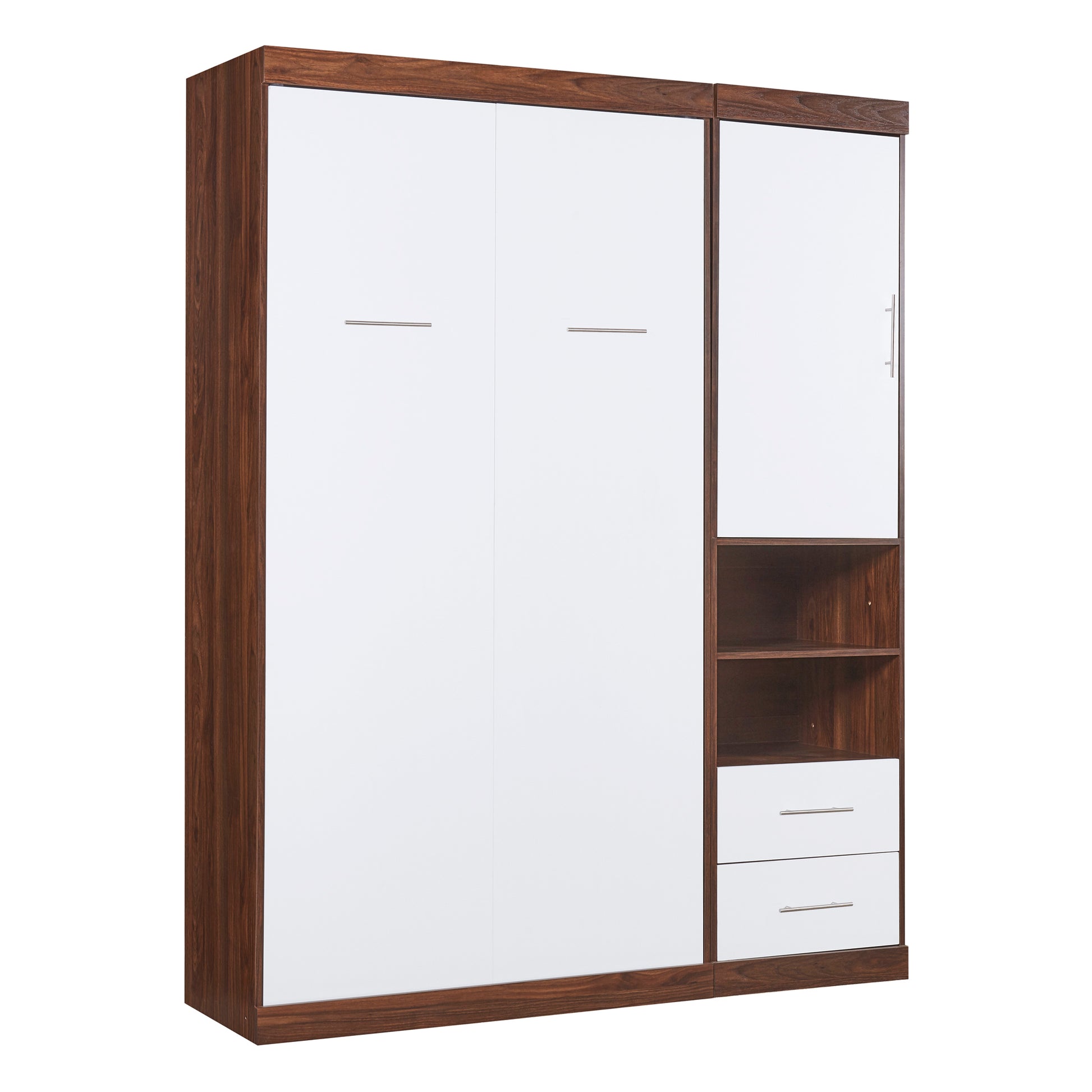 Modern Murphy bed with white cabinet doors and dark wood frame