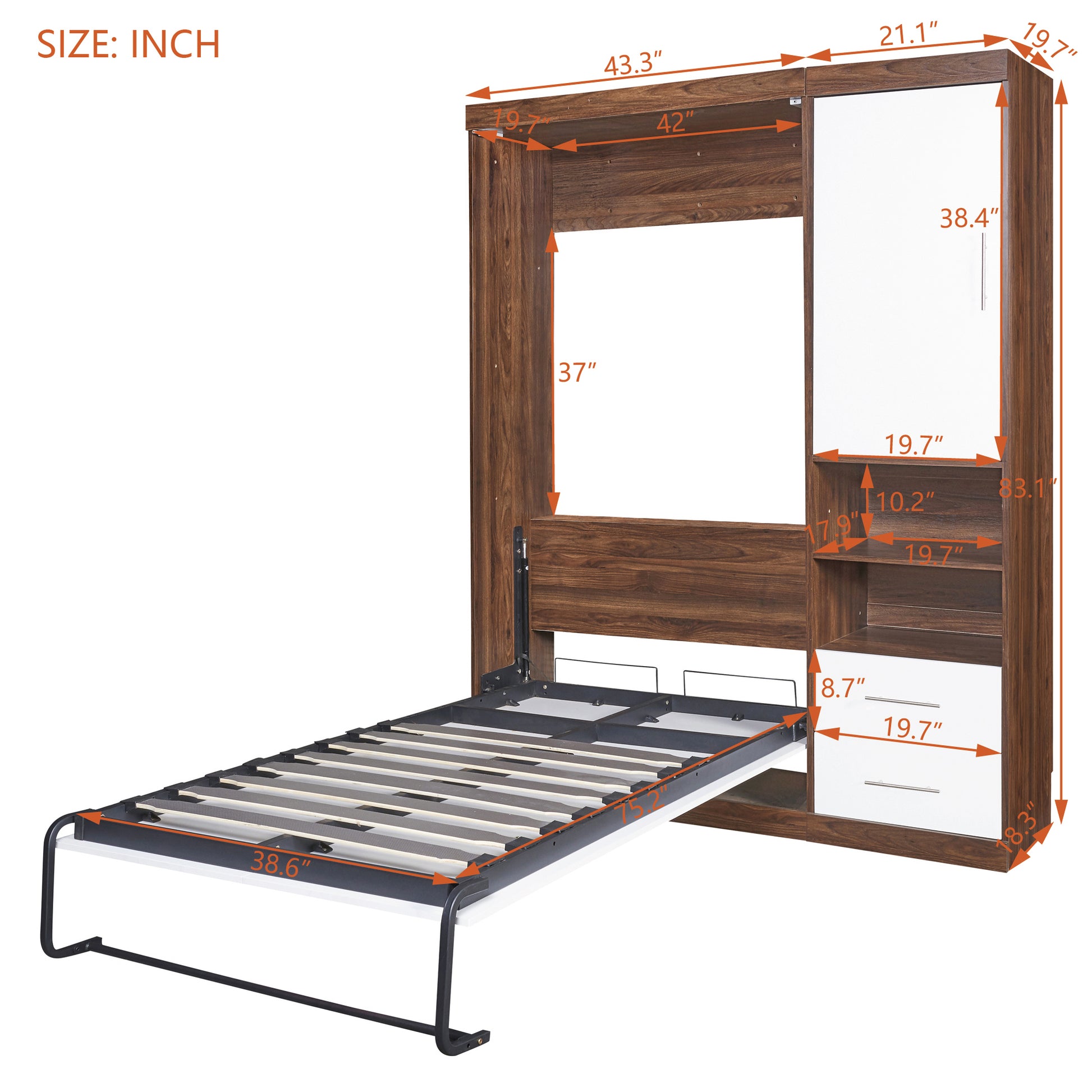 Wall bed frame with pullout twin mattress platform and dark wood finish cabinets