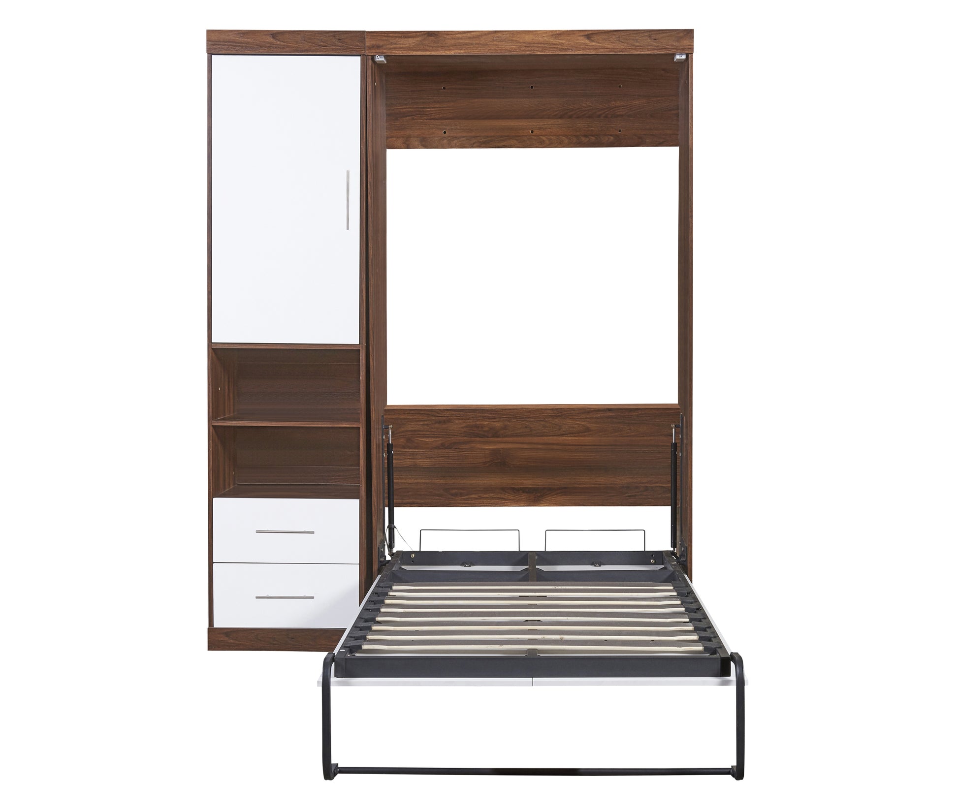 Spacesaving murphy bed with dark wood finish and white cabinet drawers