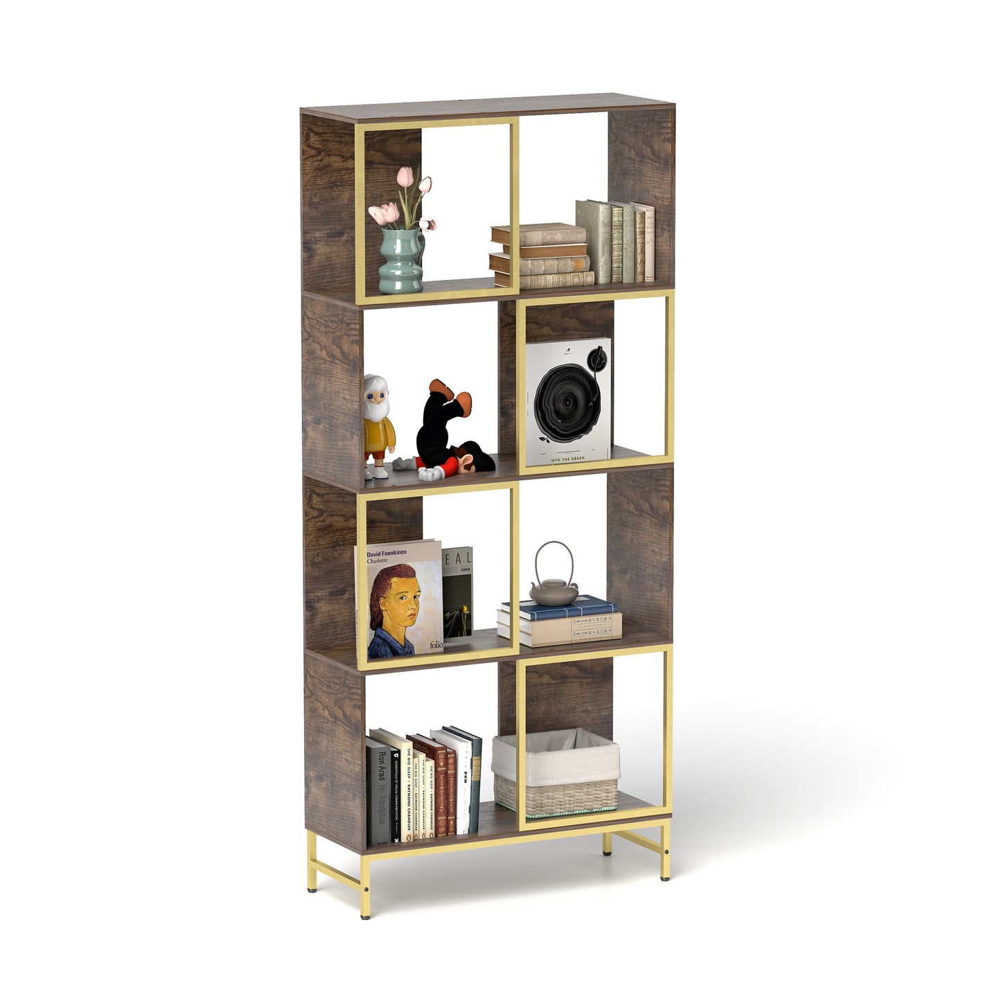 Modern oak veneer bookshelf with gold metal frame