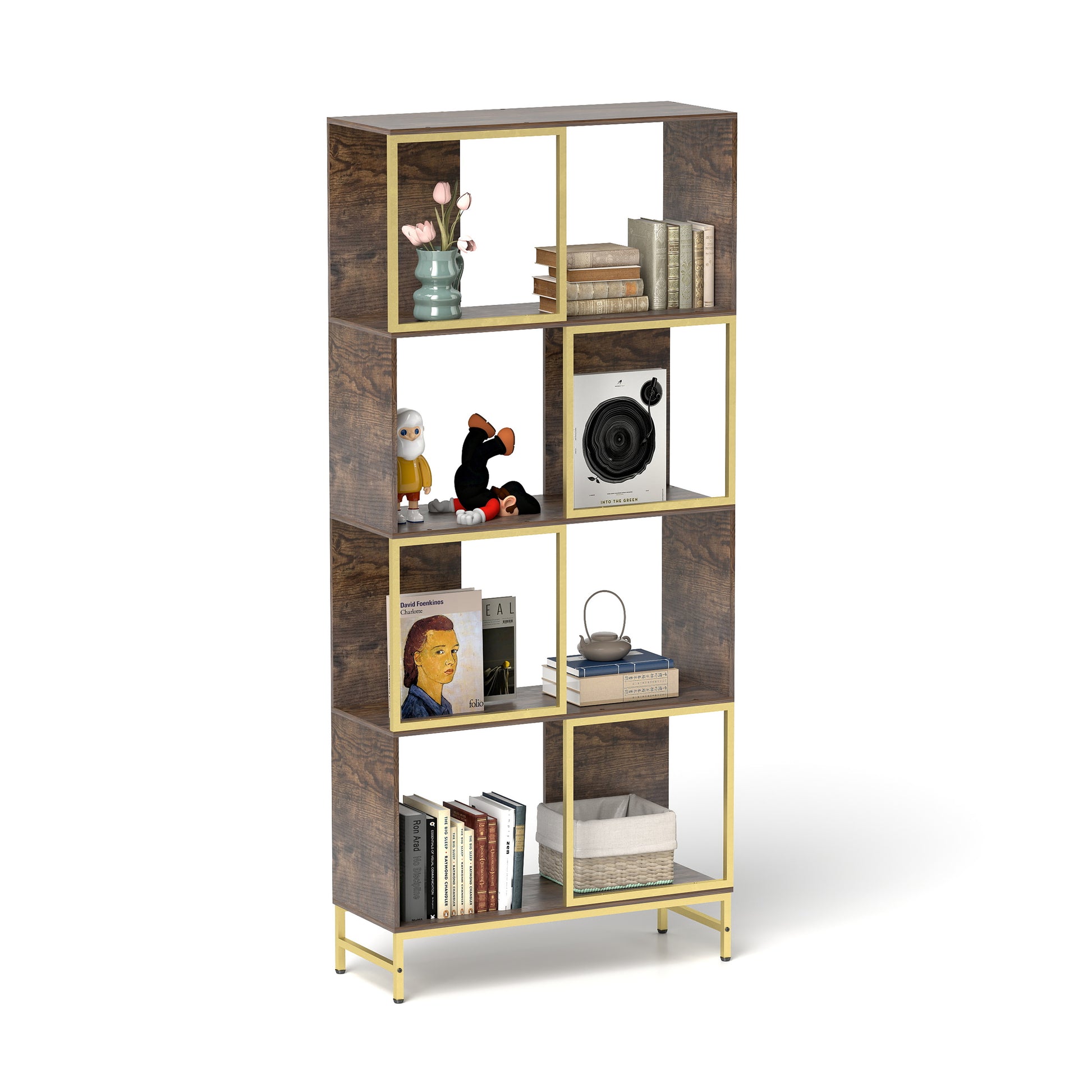 Modern oak veneer bookshelf with gold metal frame