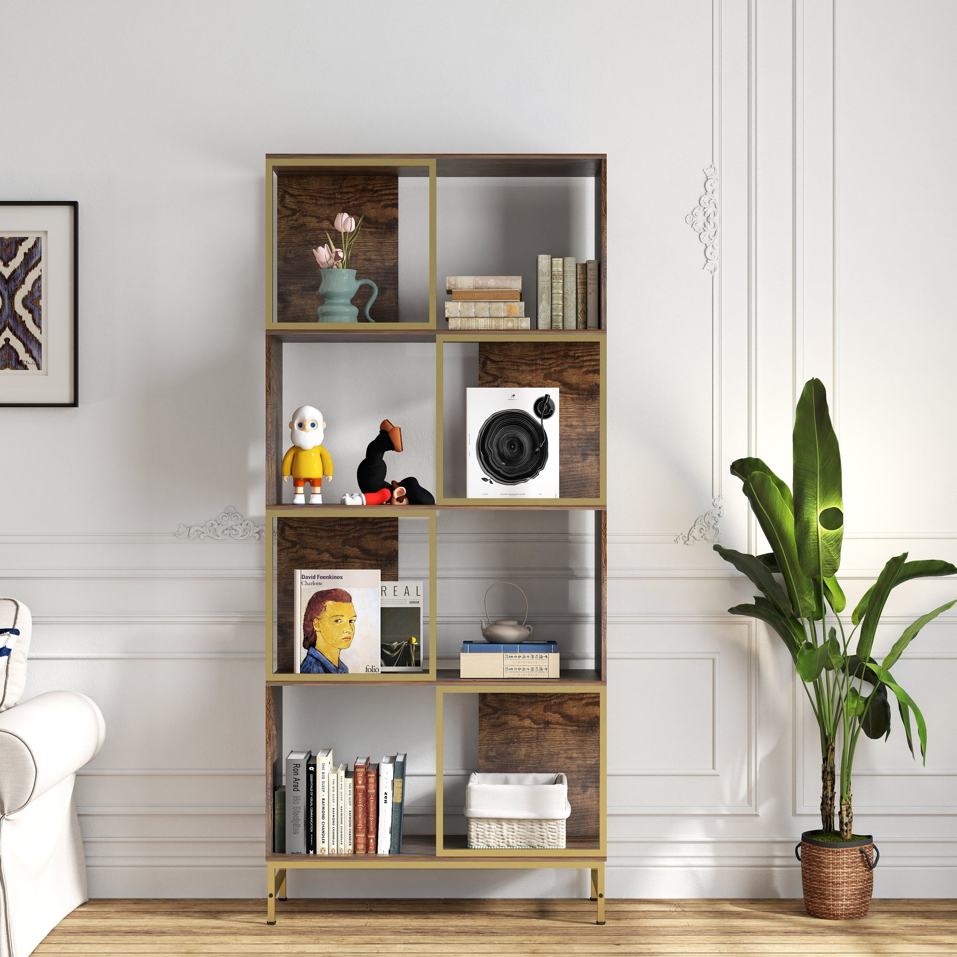 Modern wood and gold bookshelf with pink tulips in a blue vase