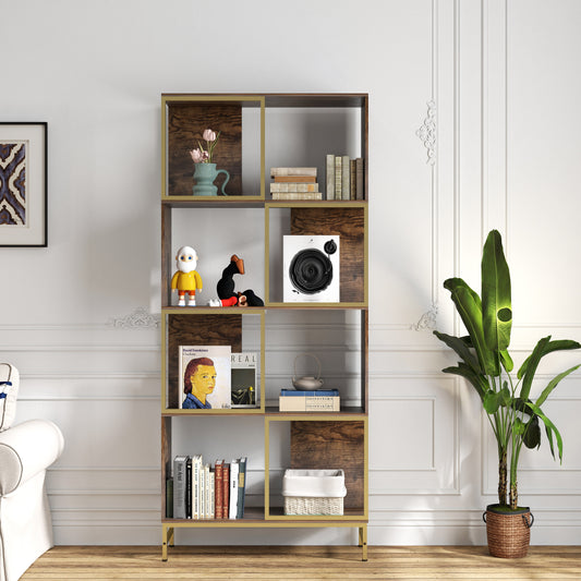 Modern wood and gold bookshelf with pink tulips in a blue vase