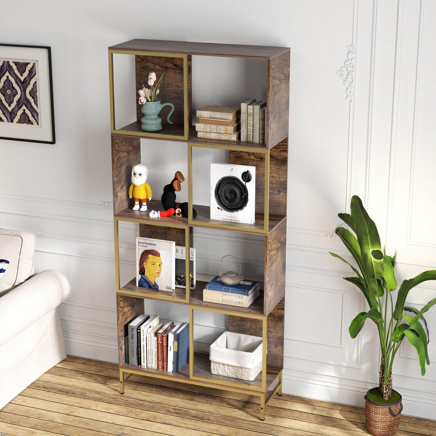 Rustic wood and gold metal shelf bookcase displaying books and decor