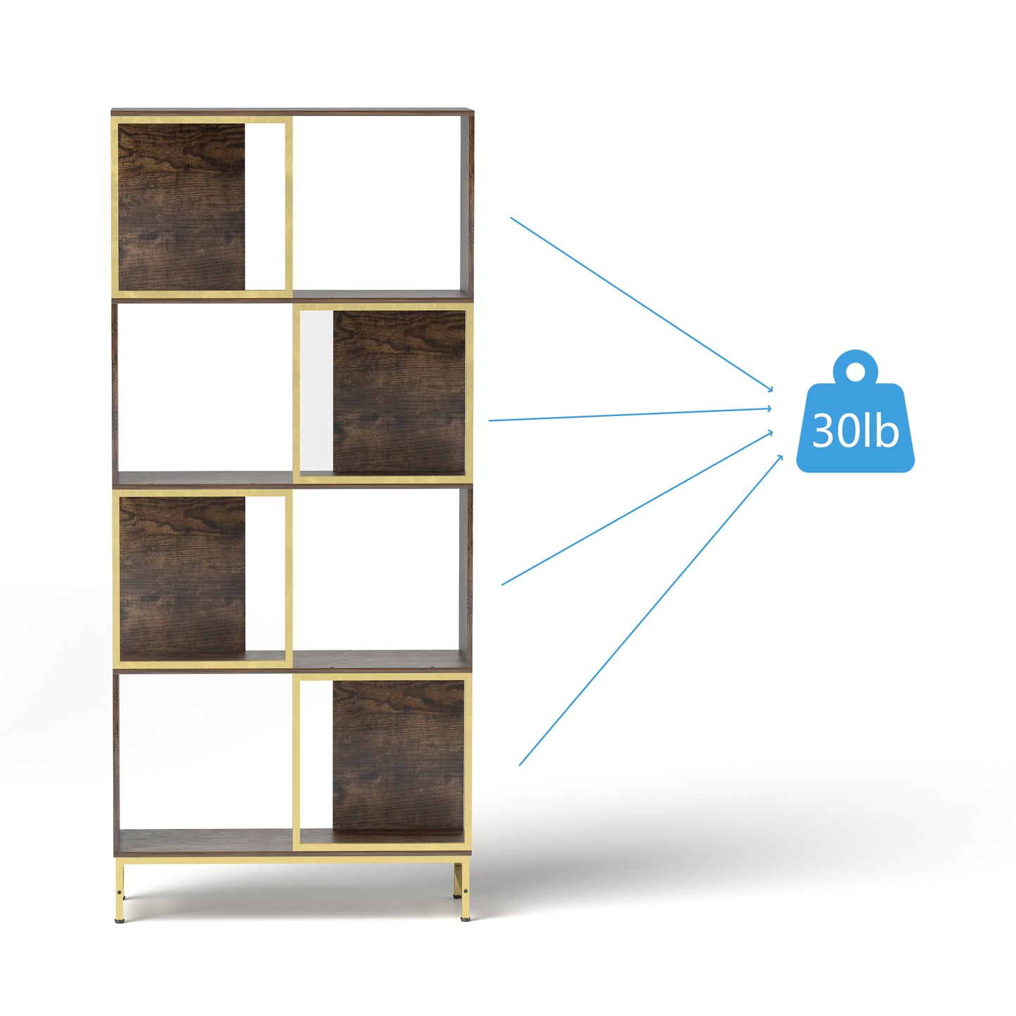Modern open bookshelf with dark wood and gold frame accents