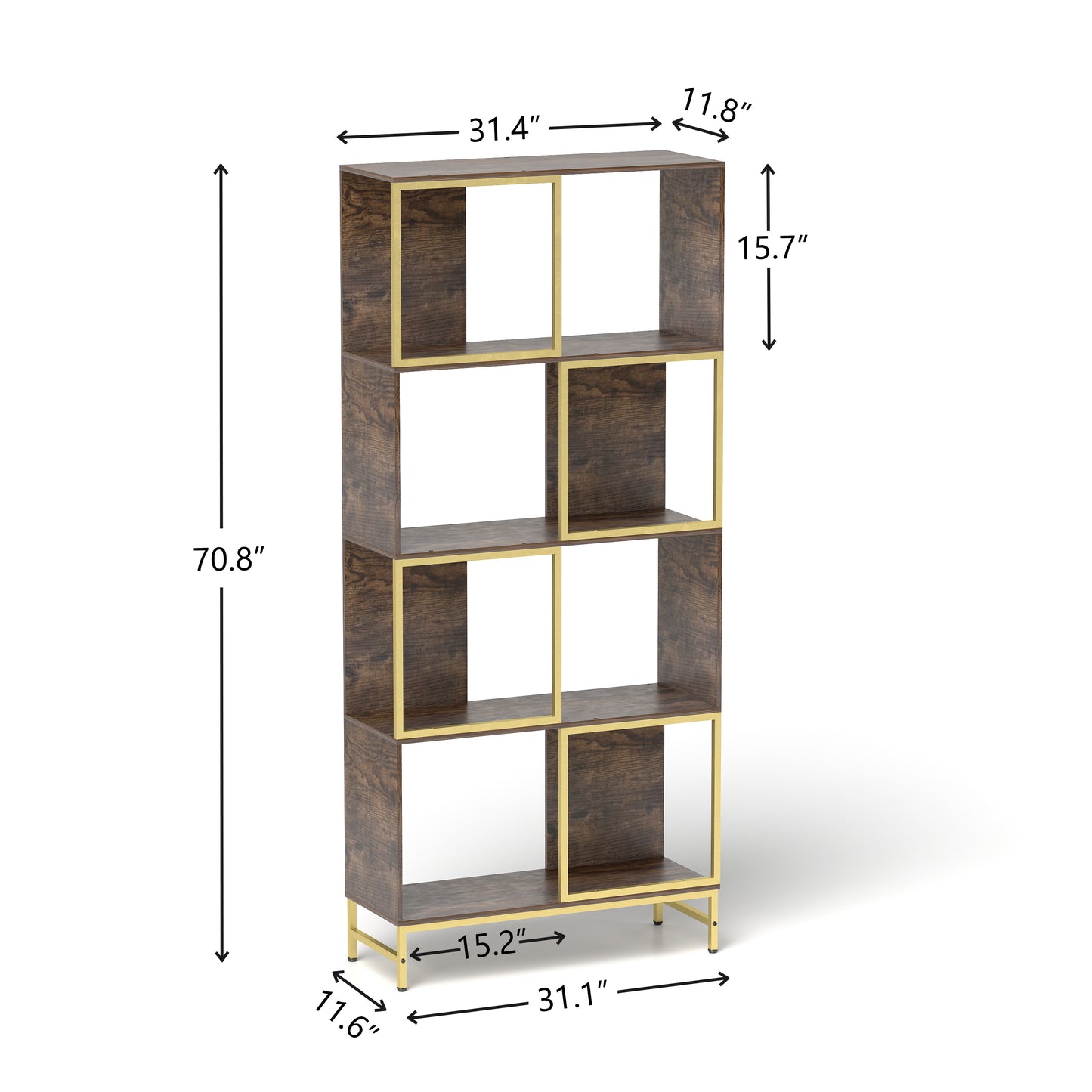 Tall dark wood bookshelf with gold metal frame and open compartments