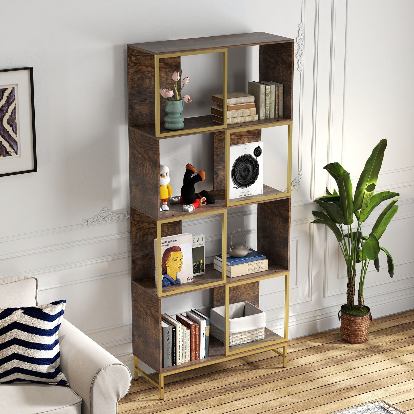 Modern openback bookshelf with dark wood finish and gold metal frame