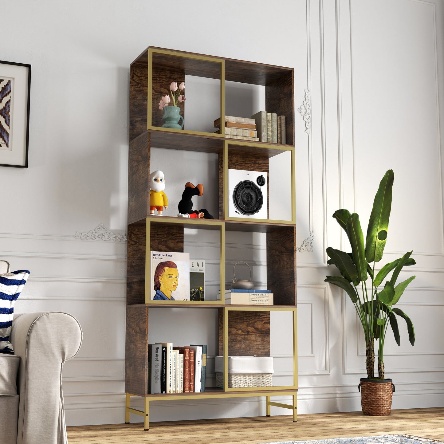 Modern walnut veneer bookcase with gold metal frame