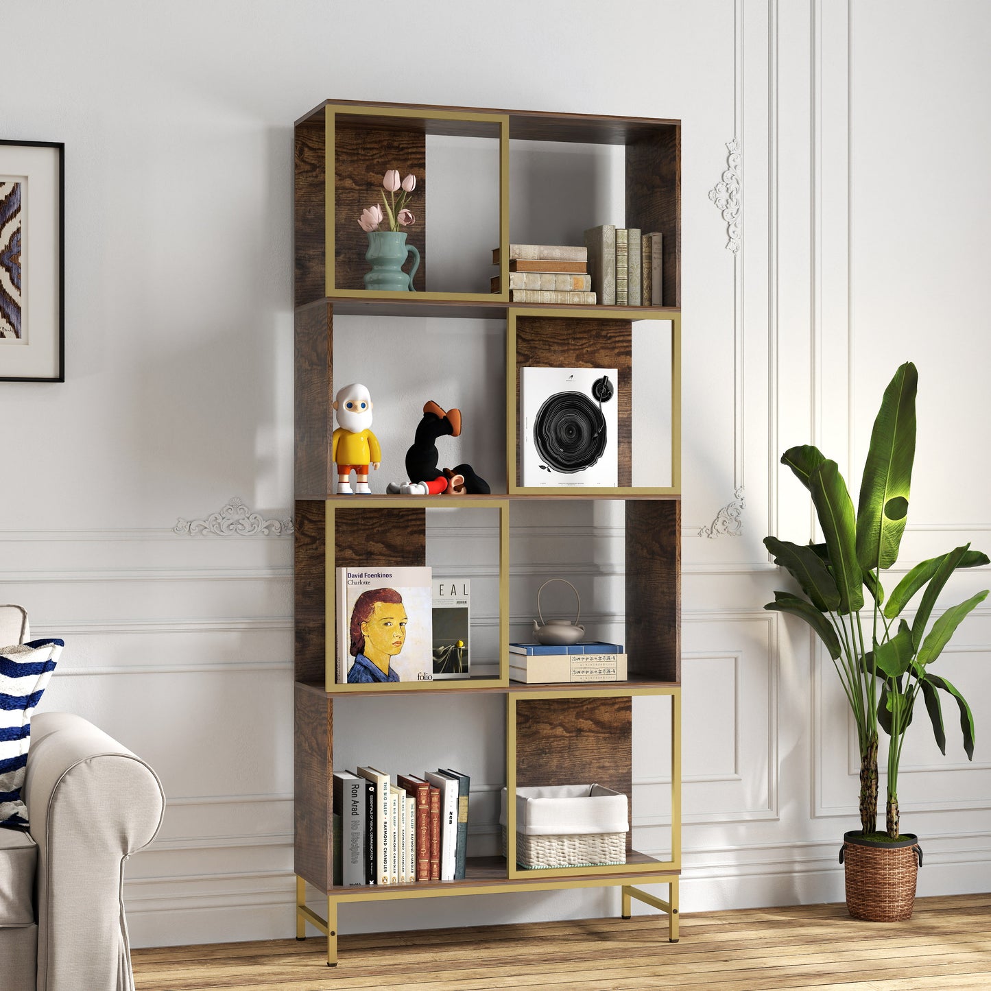 Modern wood and gold bookshelf with varied compartments