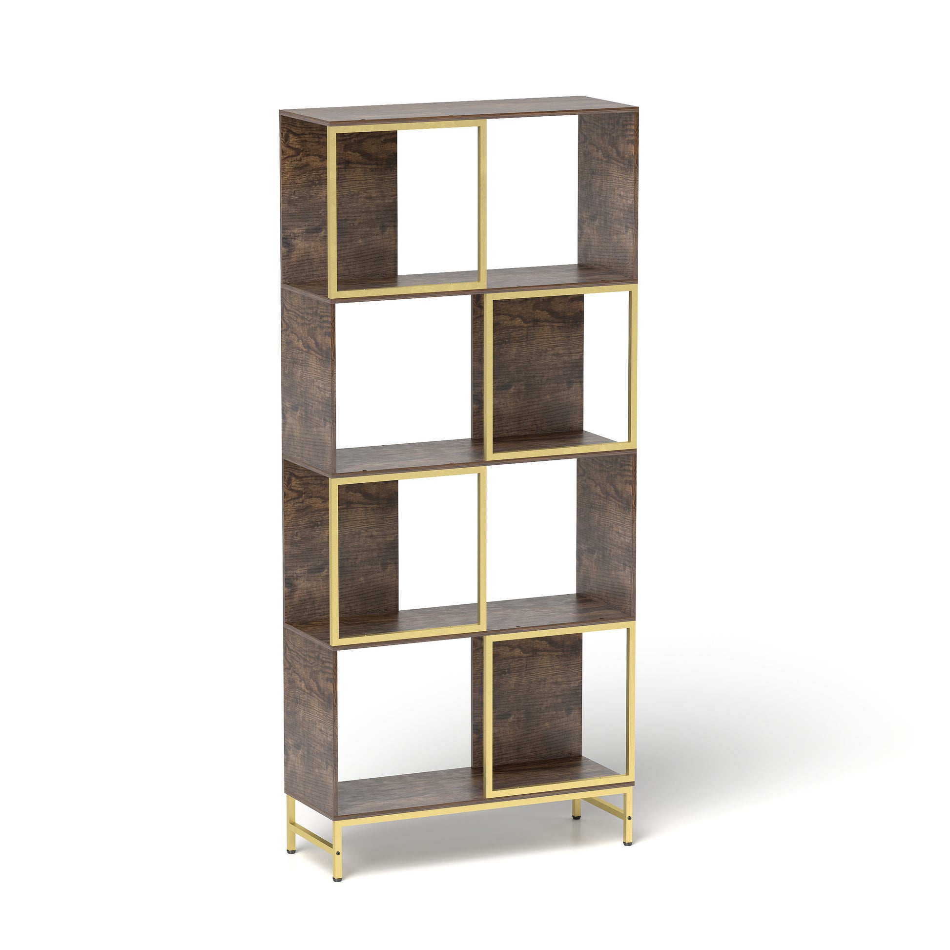 Modern tall bookshelf with dark wood finish and gold metal frame