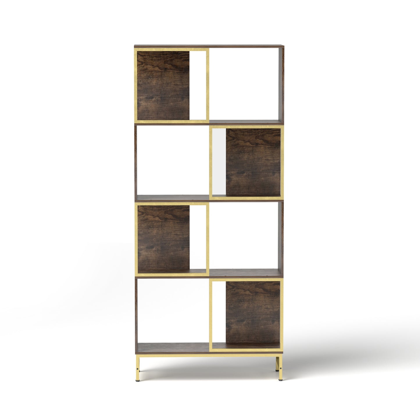 Tall modern bookshelf with dark wood shelves and gold metal frame