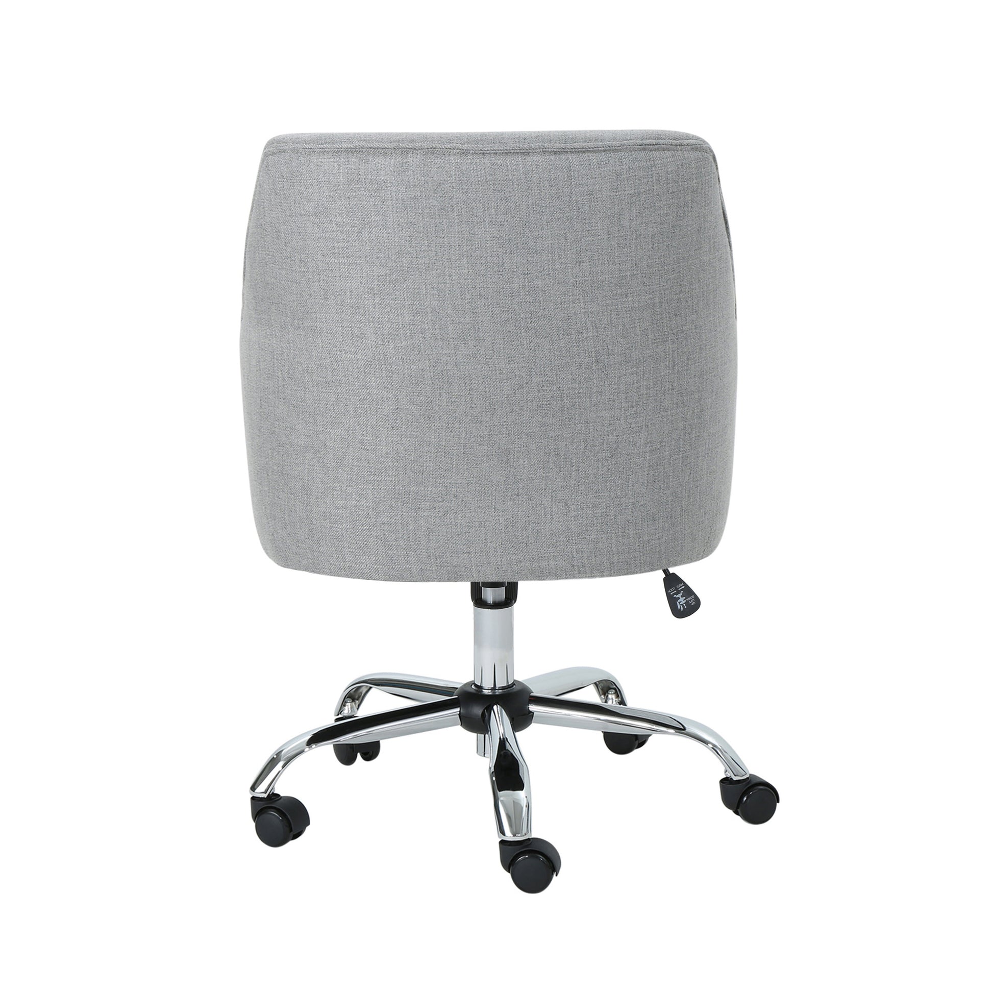 Gray fabric desk chair with chrome base and wheels