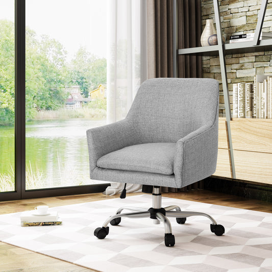 Modern grey fabric desk chair with silver base and wheels