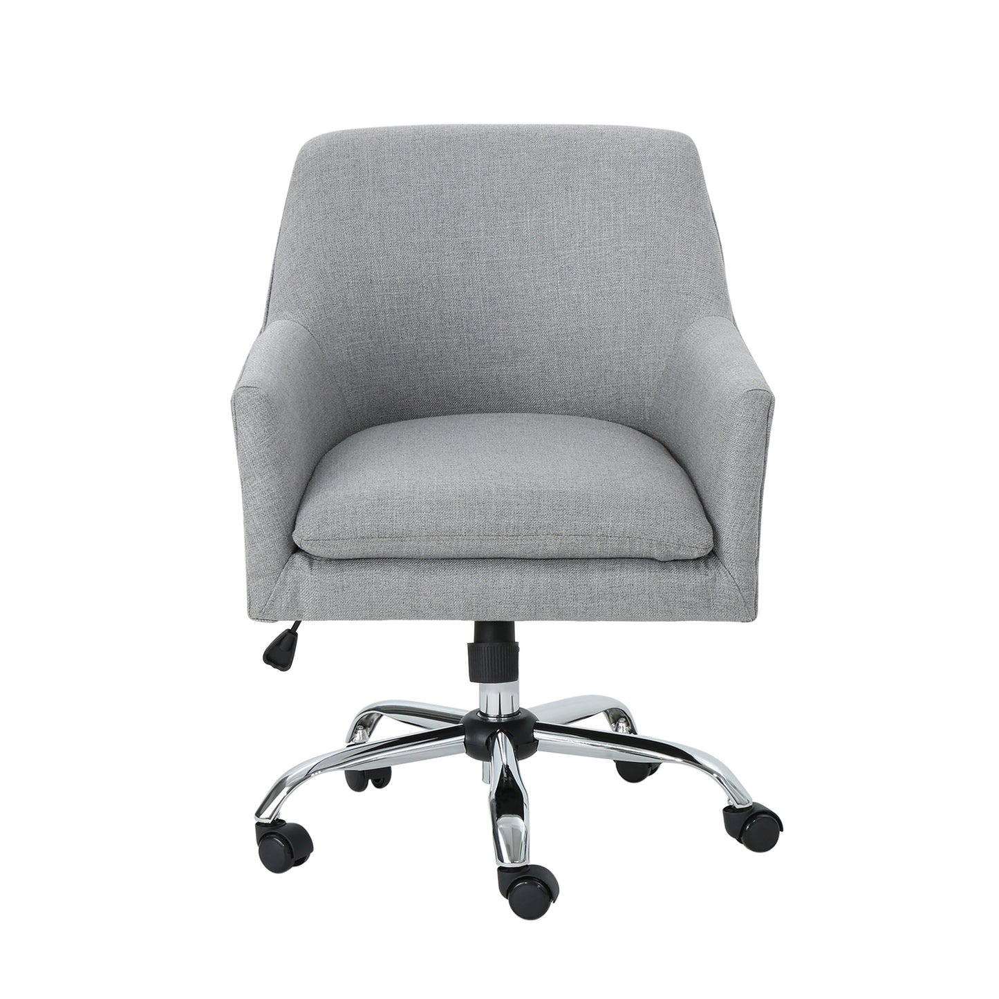 Grey fabric office chair with chrome base and wheels