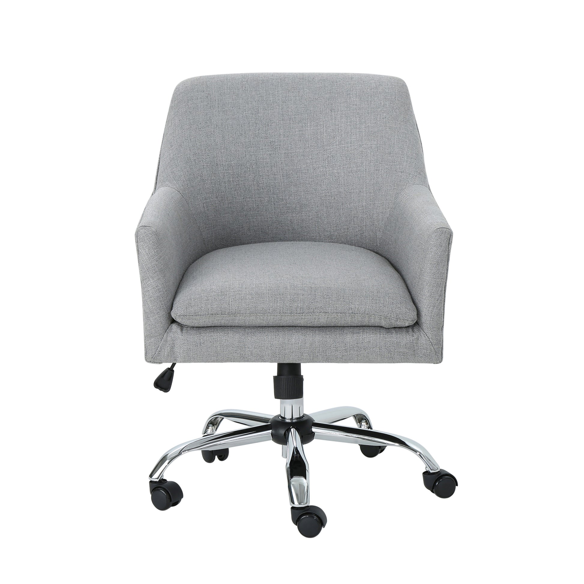 Grey fabric office chair with chrome base and wheels