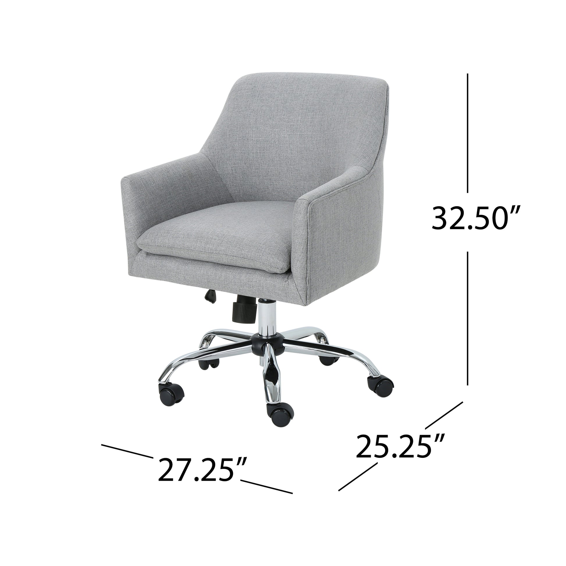 Grey upholstered ergonomic office chair with chrome base and wheels