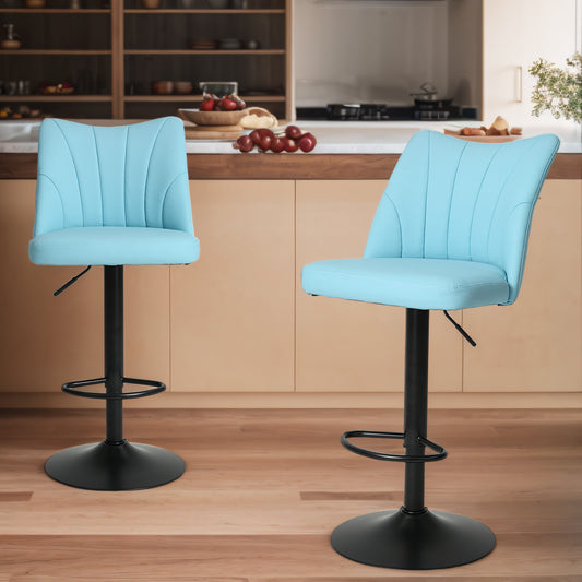 Light blue faux leather bar stool with black base and footrest