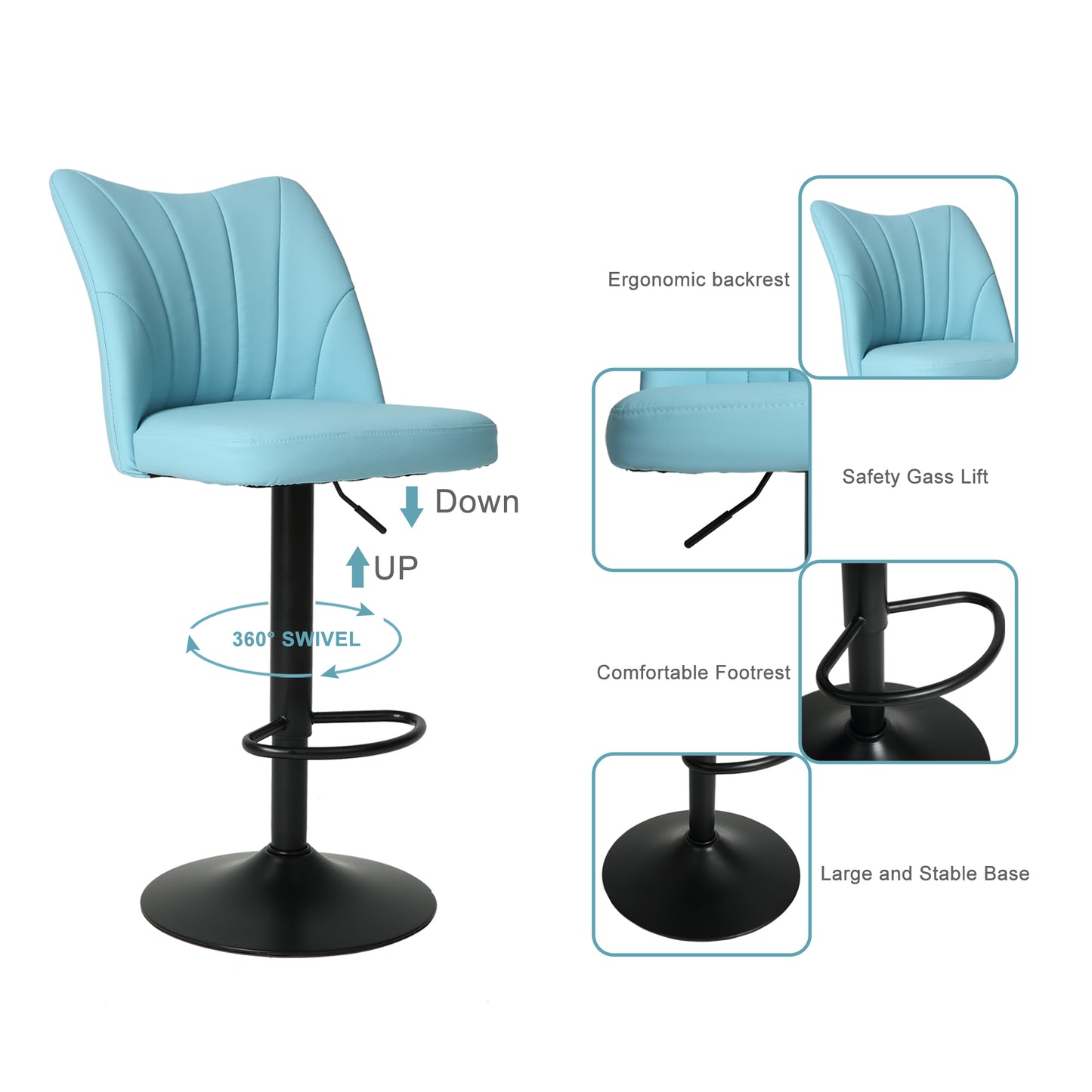 Light blue upholstered bar stool with ergonomic backrest and adjustable height