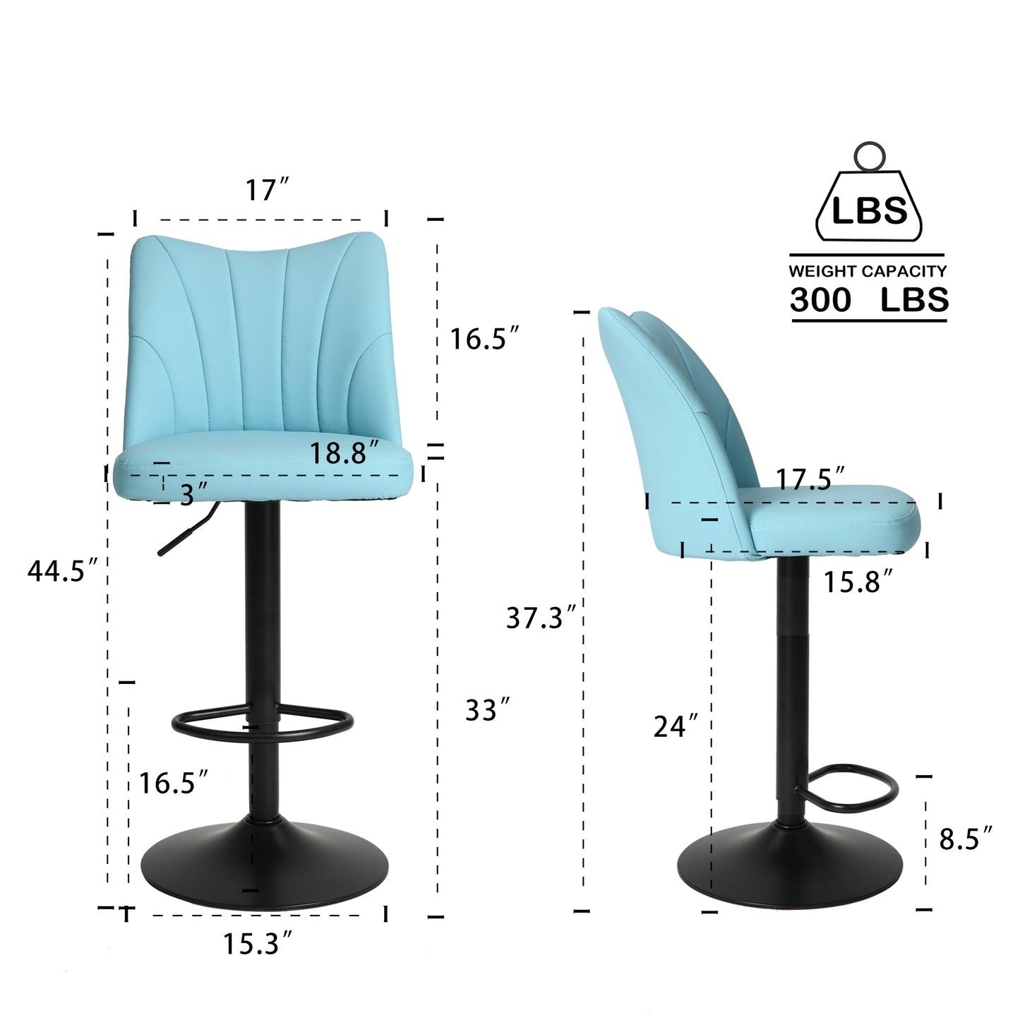 Light blue upholstered bar stool with adjustable height
