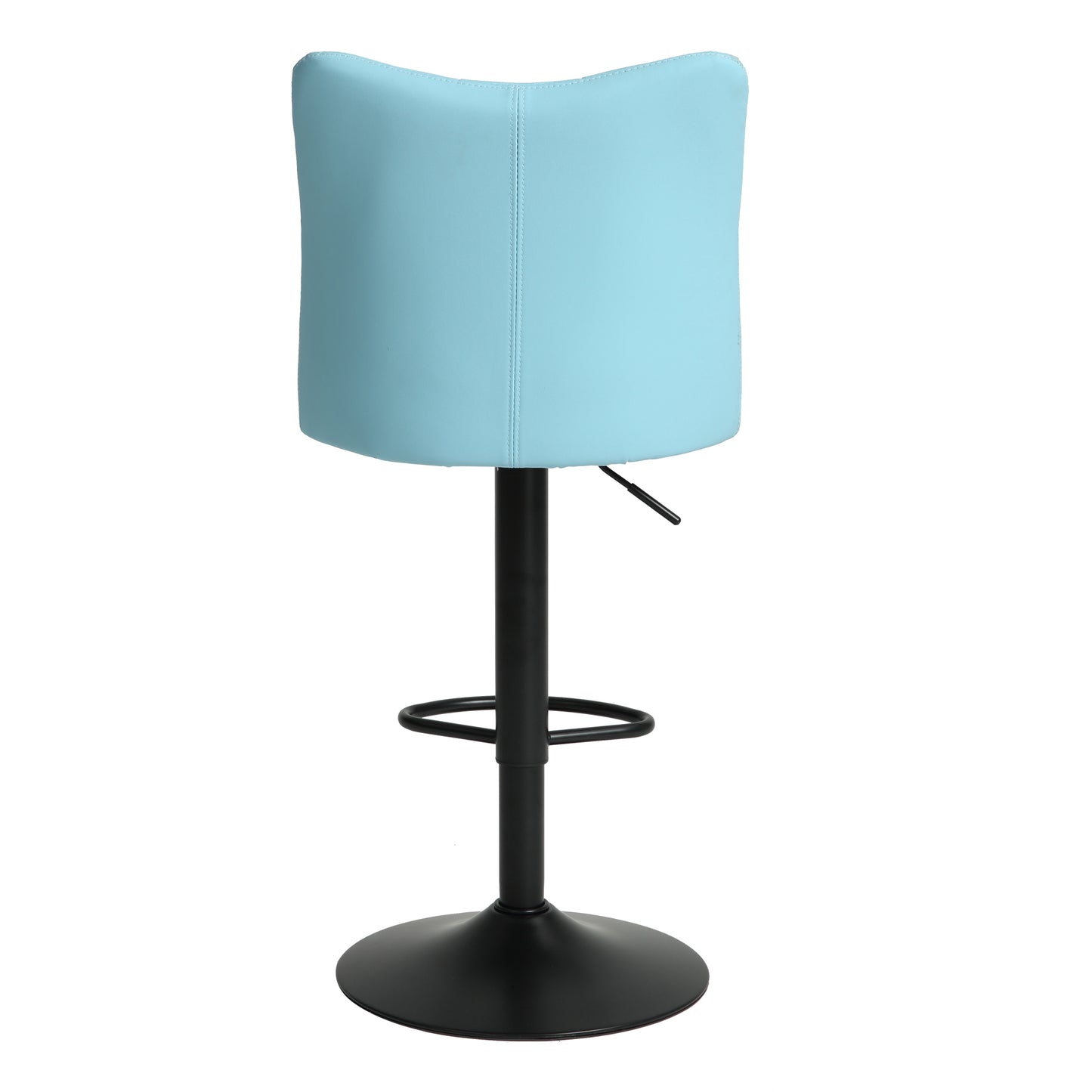 Light blue upholstered bar stool with adjustable height and black base