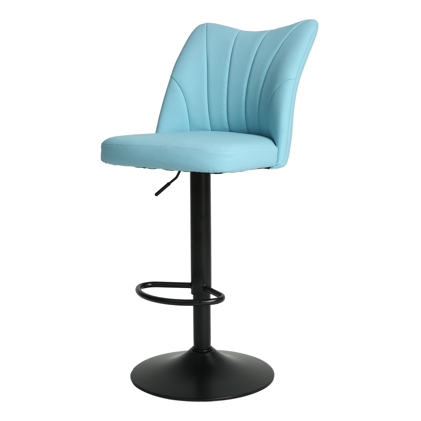 Light blue upholstered adjustable bar stool with padded seat and curved back