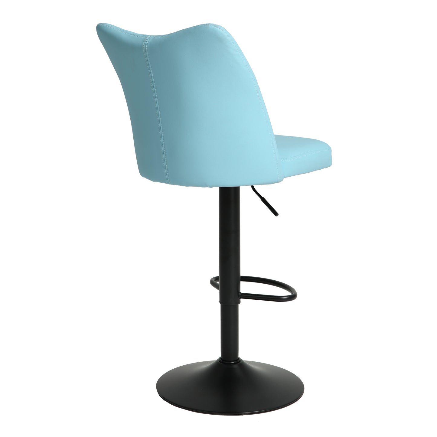 Light blue upholstered bar stool with adjustable height and black metal base