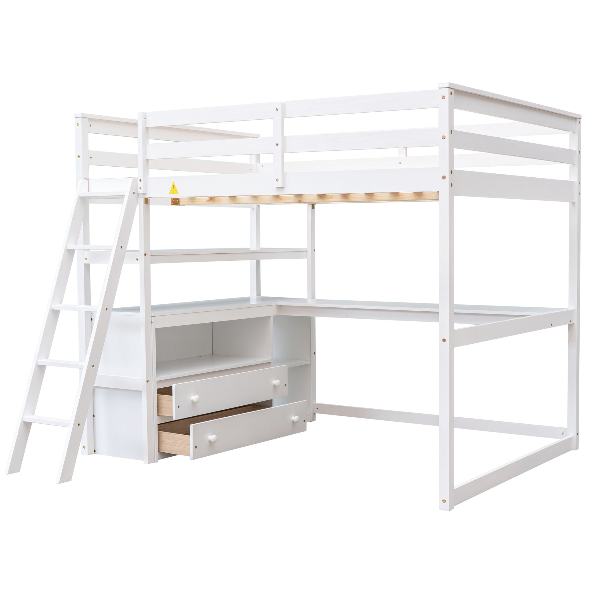 White wooden loft bed with builtin desk and drawers perfect for kids rooms
