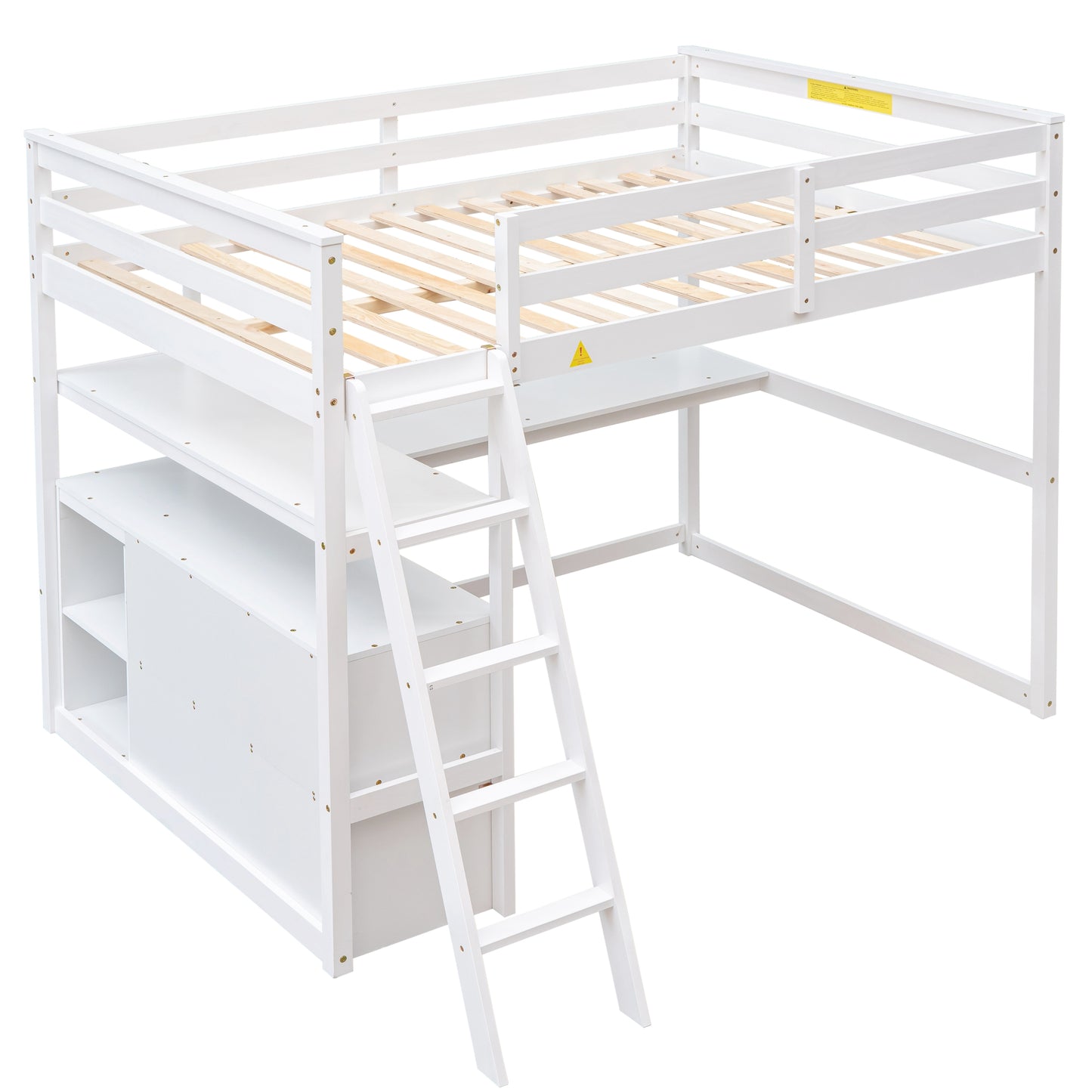 White wooden loft bed with integrated desk and storage shelves