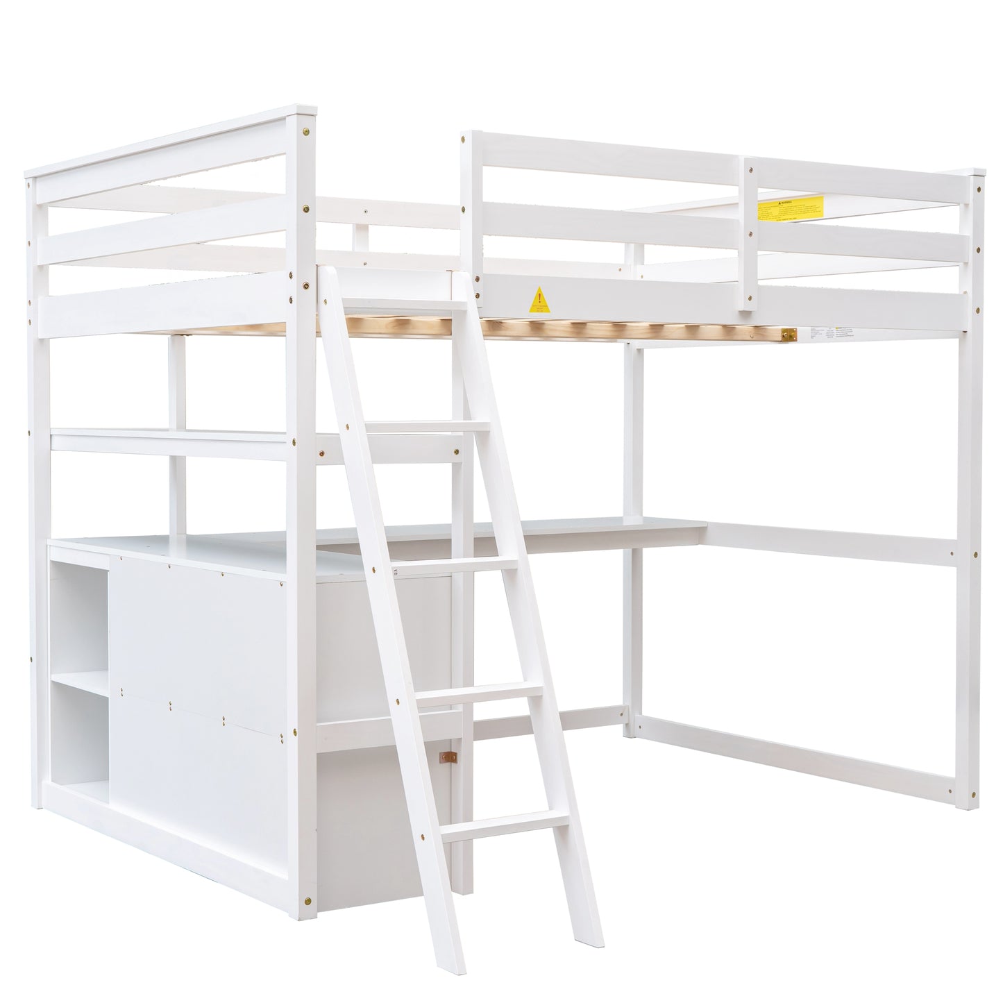White wooden loft bed with desk and shelves